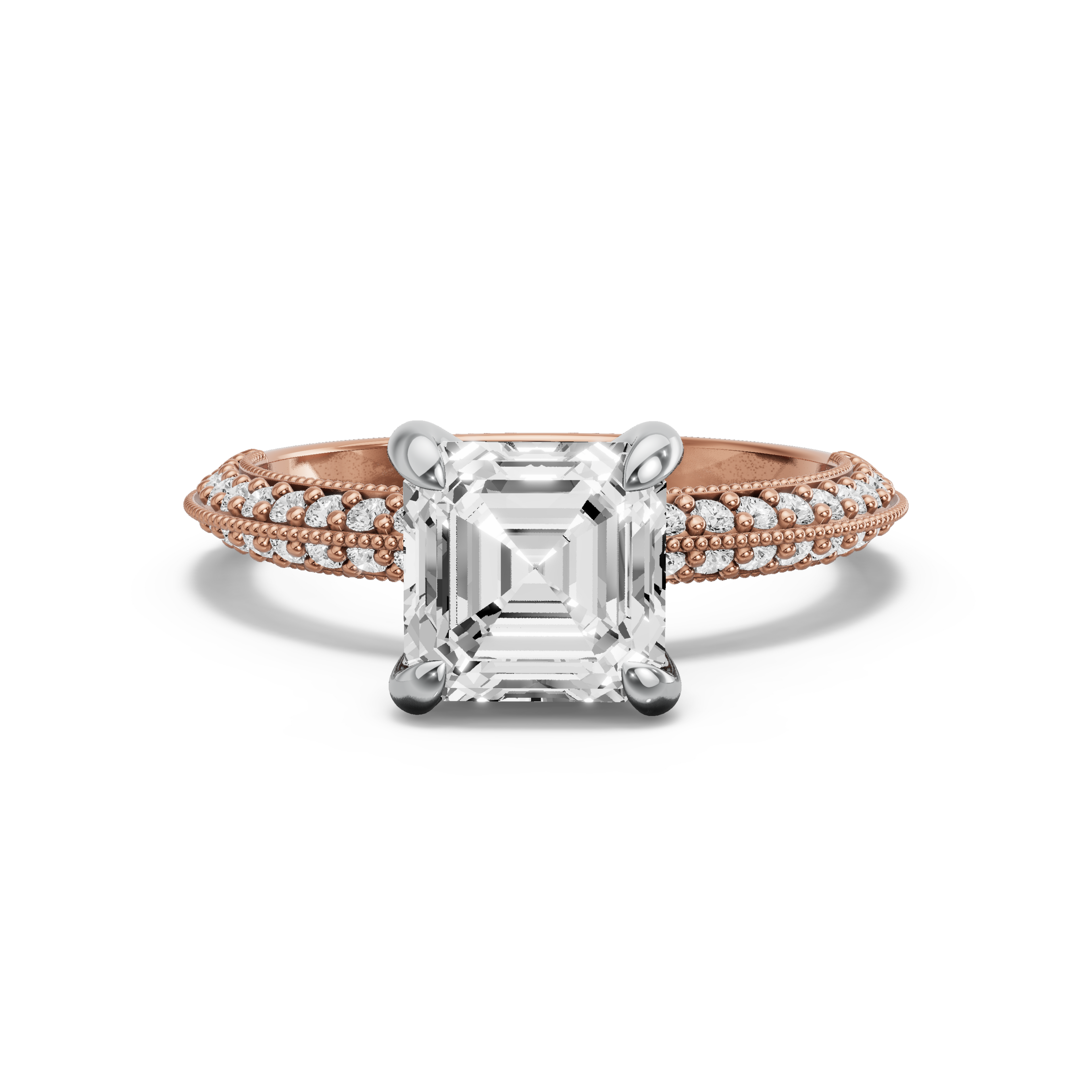 Image for Asscher Diamond Tulip Ring with Knife Edge Pave band in 10K Two Tone Rose Gold