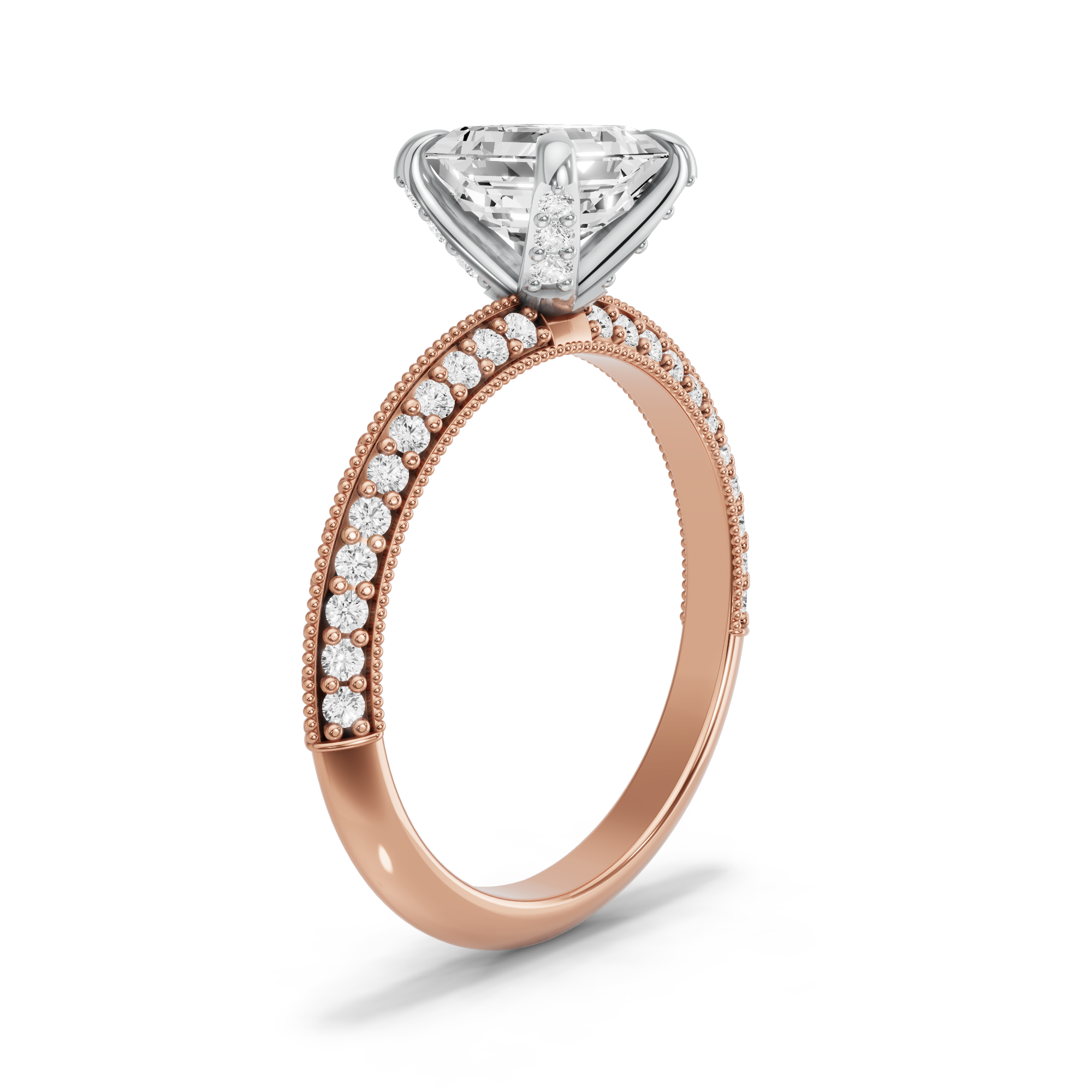 Image for Asscher Diamond Tulip Ring with Knife Edge Pave band in 10K Two Tone Yellow Gold