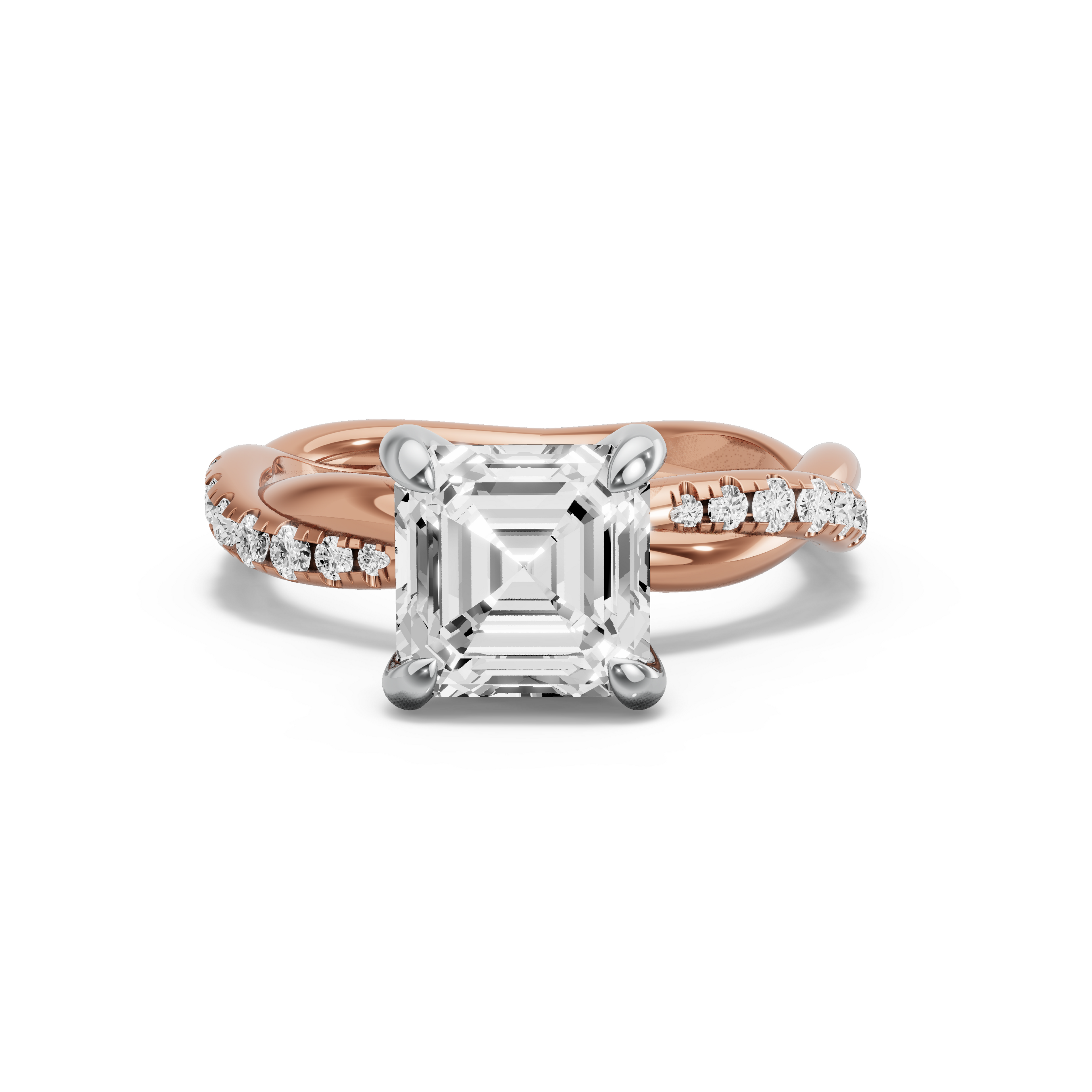 Image for Asscher Diamond Tulip Ring with Rope Pave band in 18K Two Tone Rose Gold