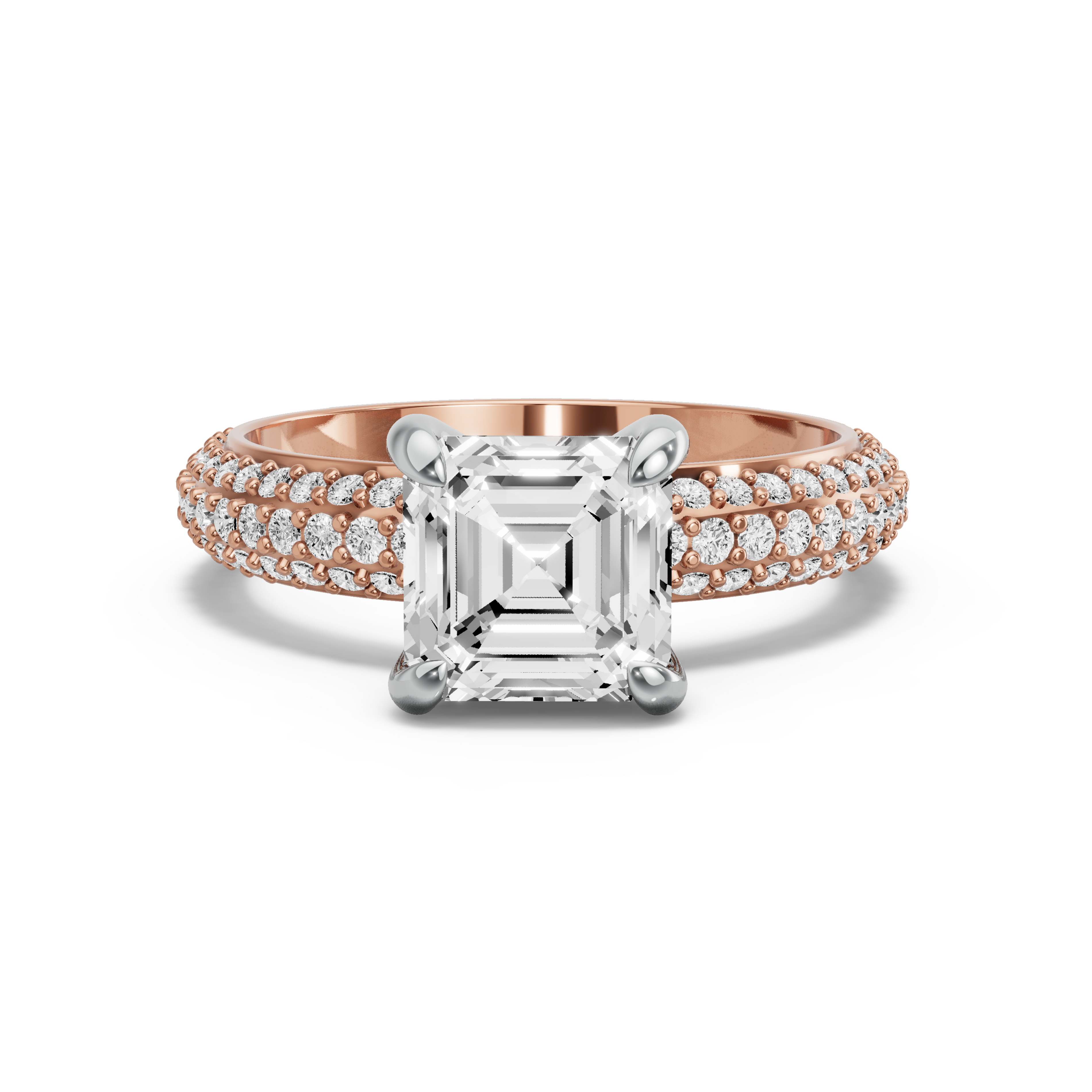 Image for Asscher Diamond Tulip Ring with Triple Row Pave band in 14K Two Tone Rose Gold