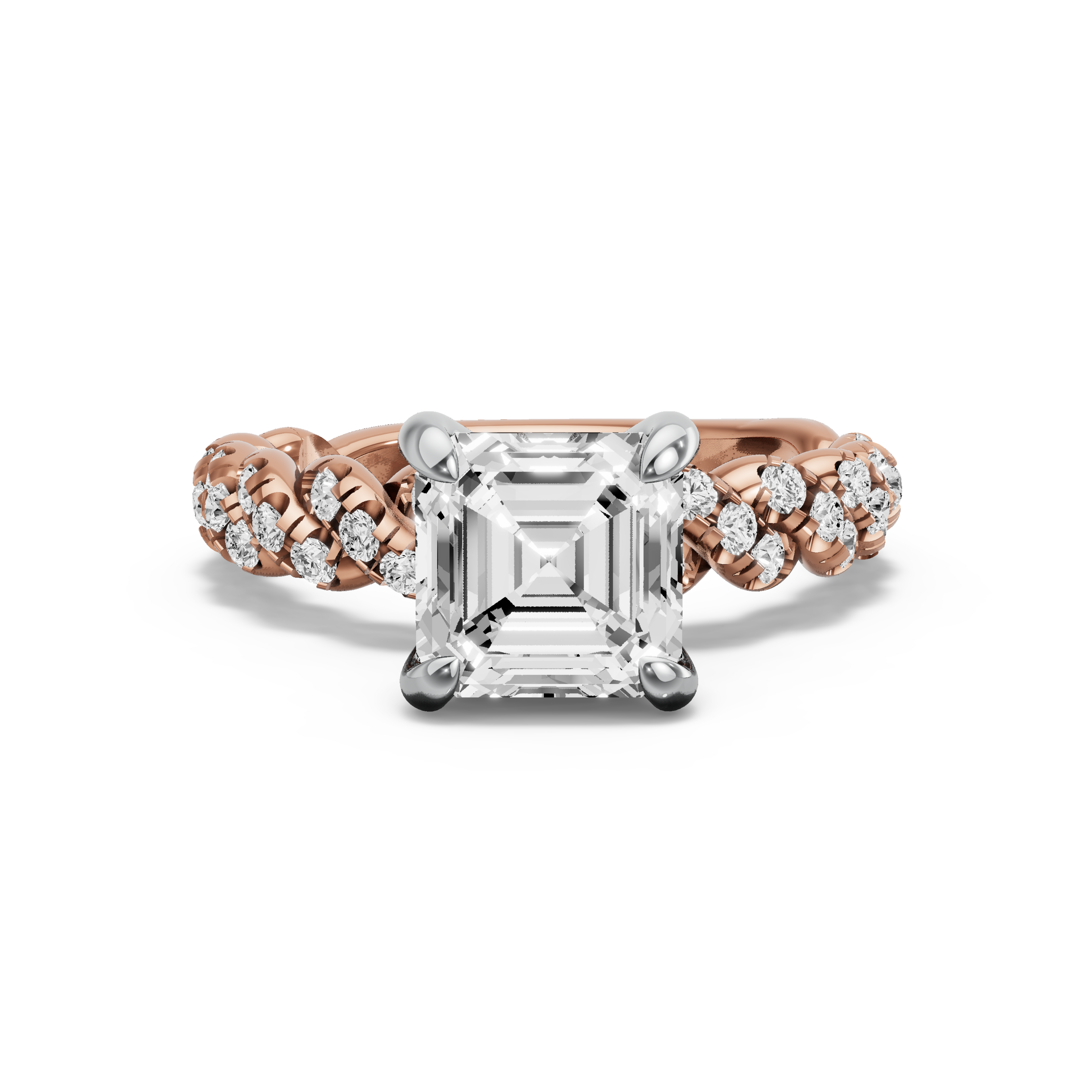Image for Asscher Diamond Tulip Ring with Twist Pave band in 18K Two Tone Rose Gold