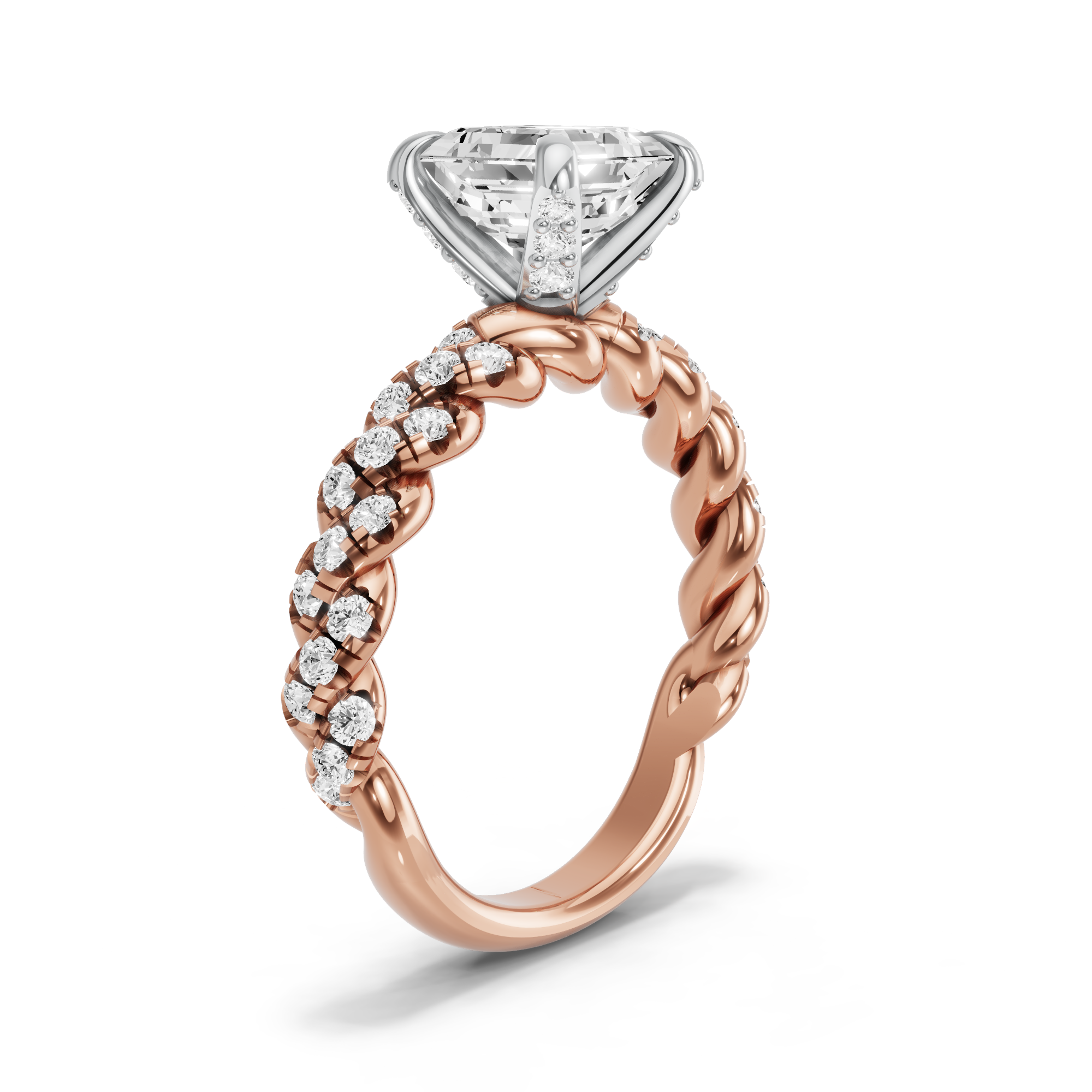 Image for Asscher Diamond Tulip Ring with Twist Pave band in 18K Two Tone Rose Gold