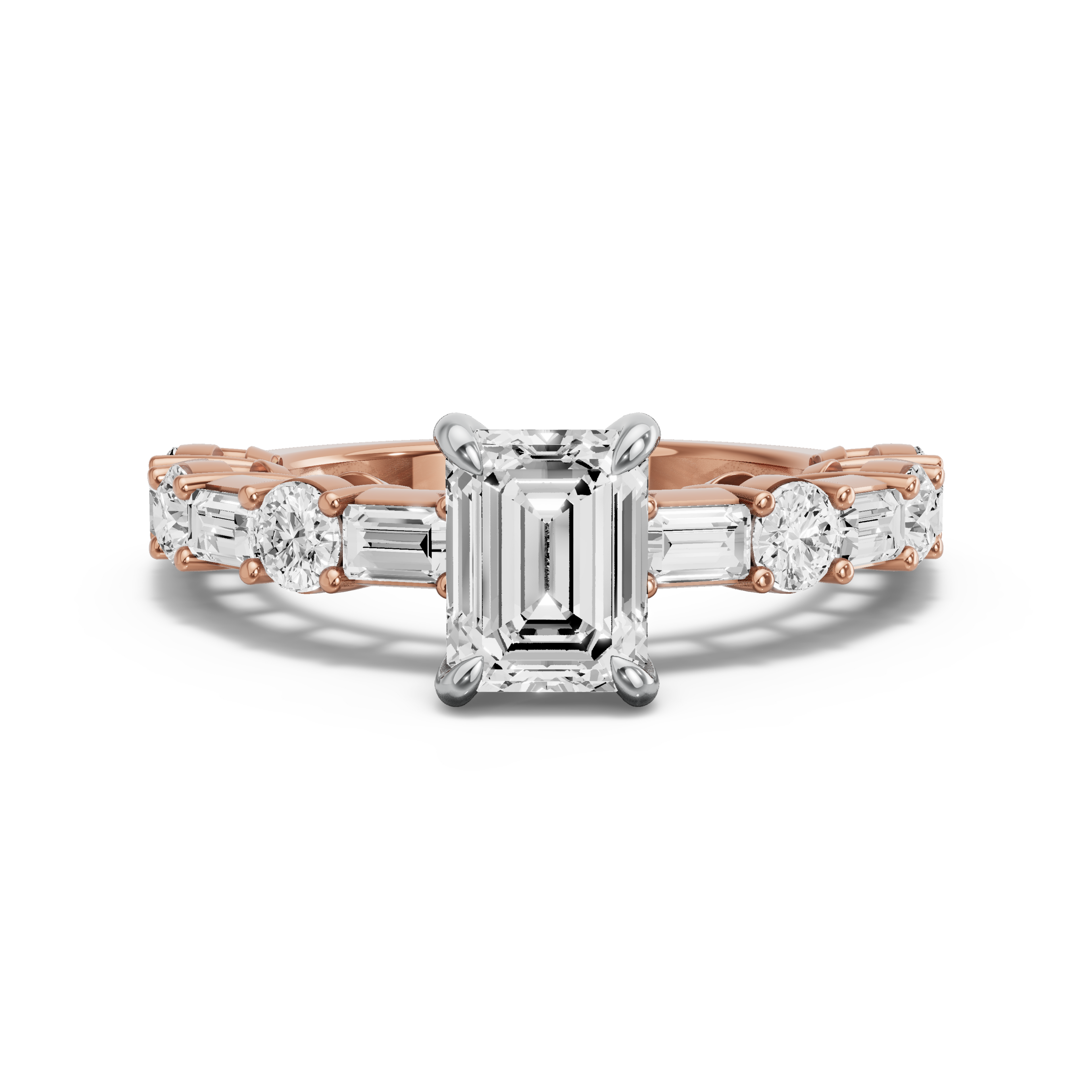 Image for Emerald Diamond Tulip Ring with Alternating Baguette band in 14K Two Tone Rose Gold