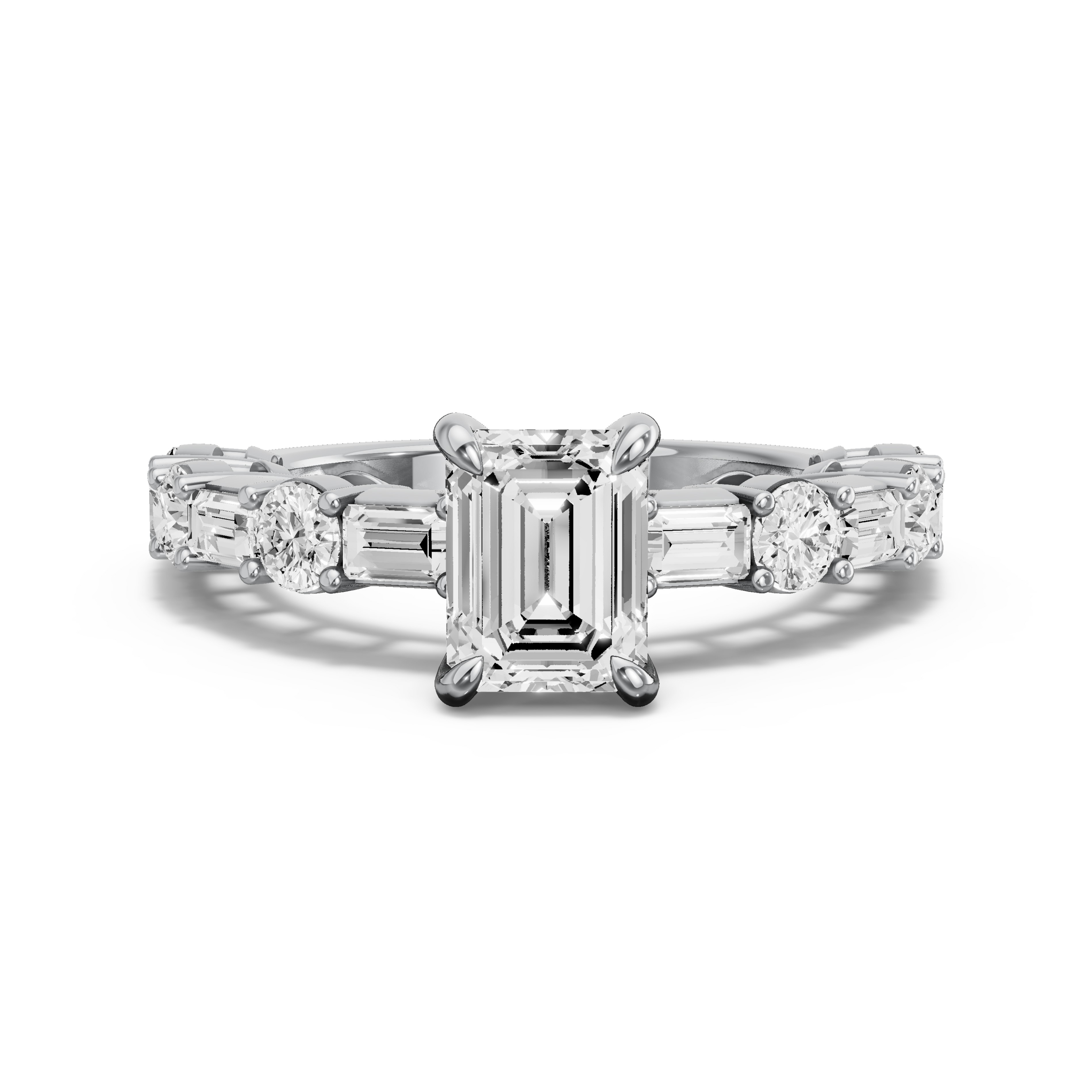 Image for Emerald Diamond Tulip Ring with Alternating Baguette band in 18K White Gold