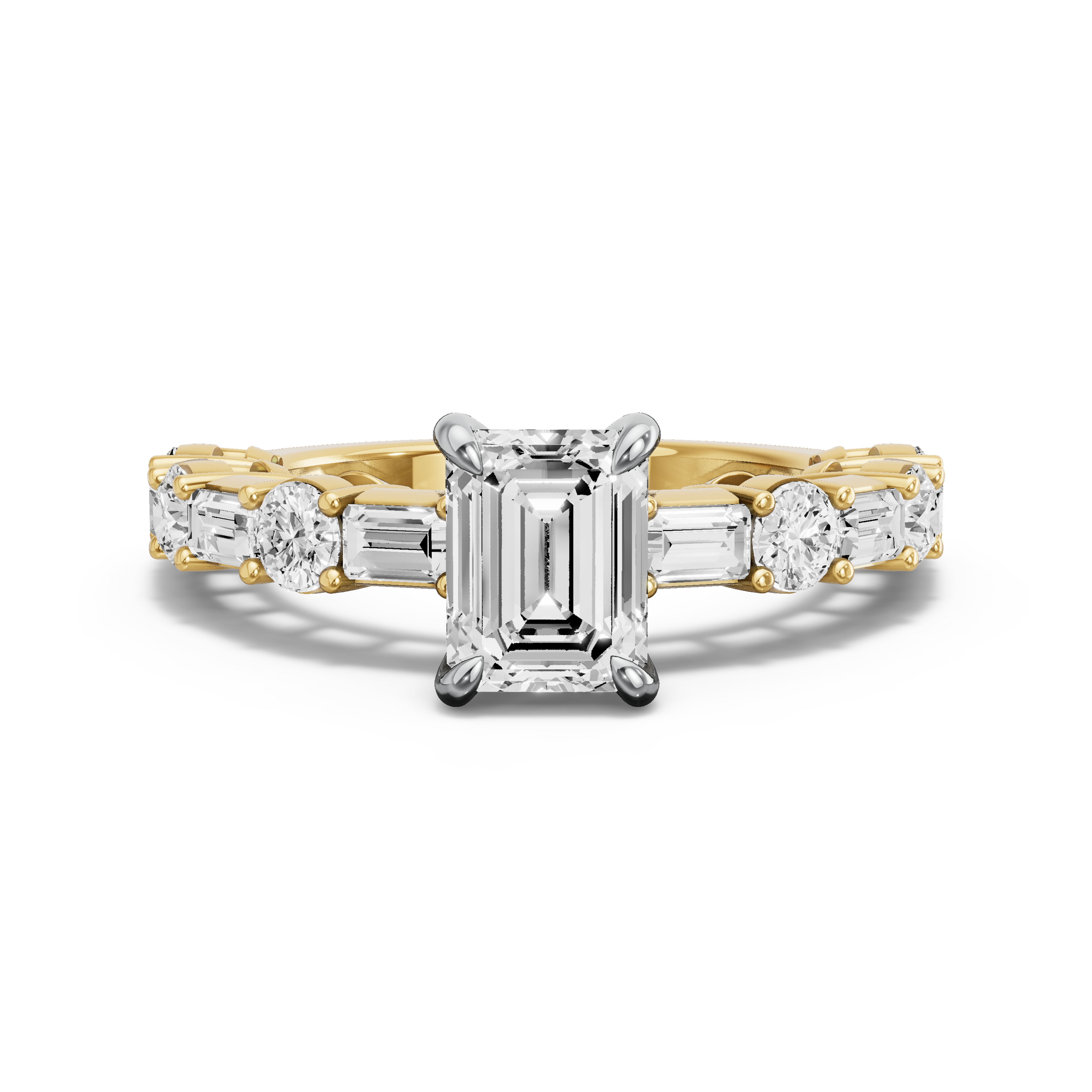 Image for Emerald Diamond Tulip Ring with Alternating Baguette band in 14K Two Tone Yellow Gold