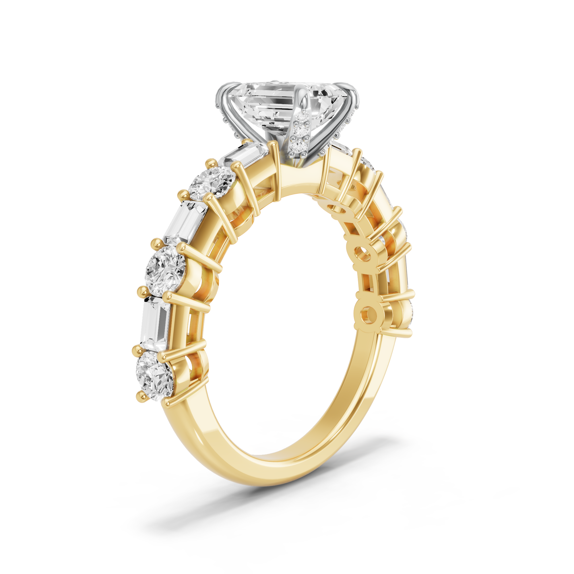 Image for Emerald Diamond Tulip Ring with Alternating Baguette band in 14K Two Tone Yellow Gold
