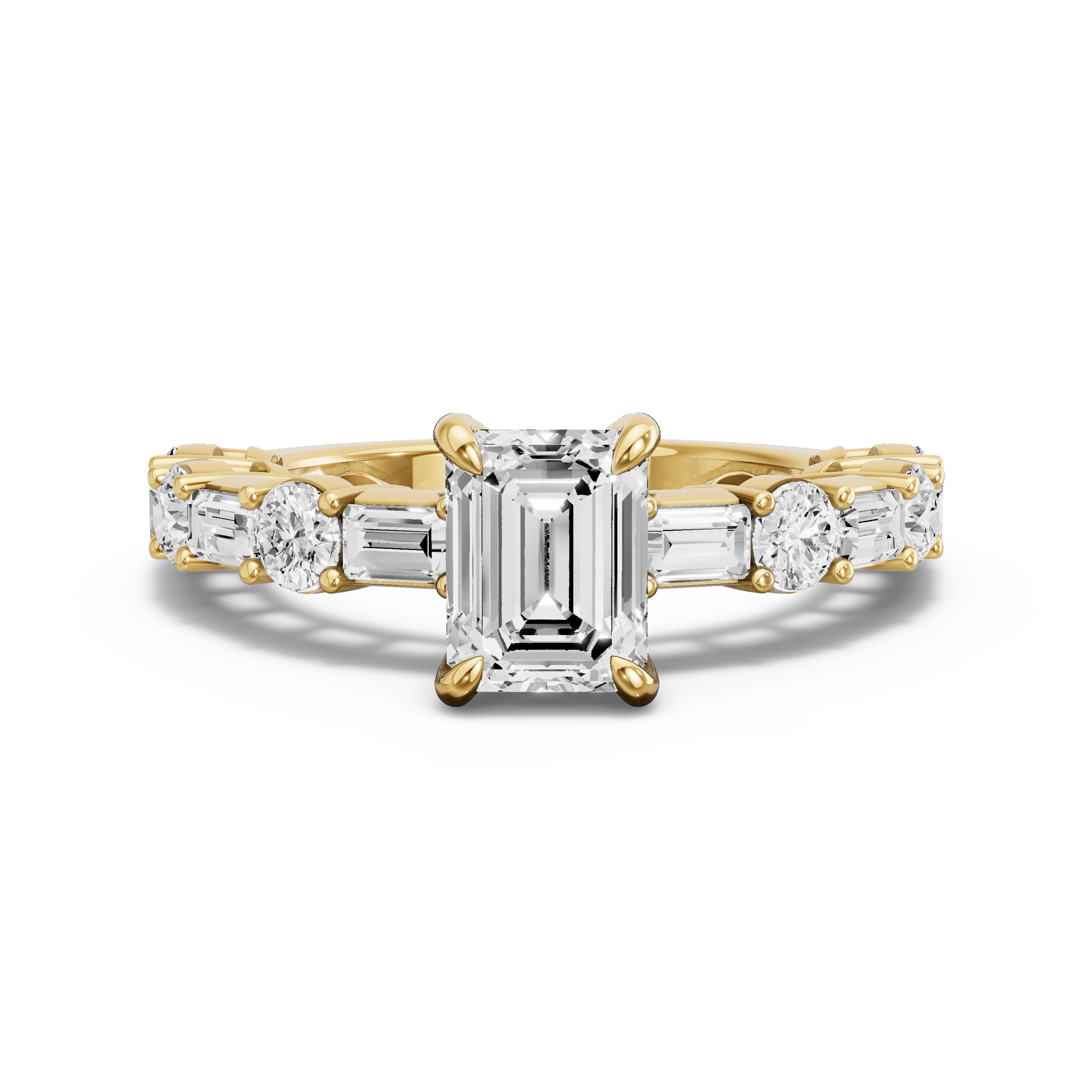 Image for Emerald Diamond Tulip Ring with Alternating Baguette band in 14K Yellow Gold