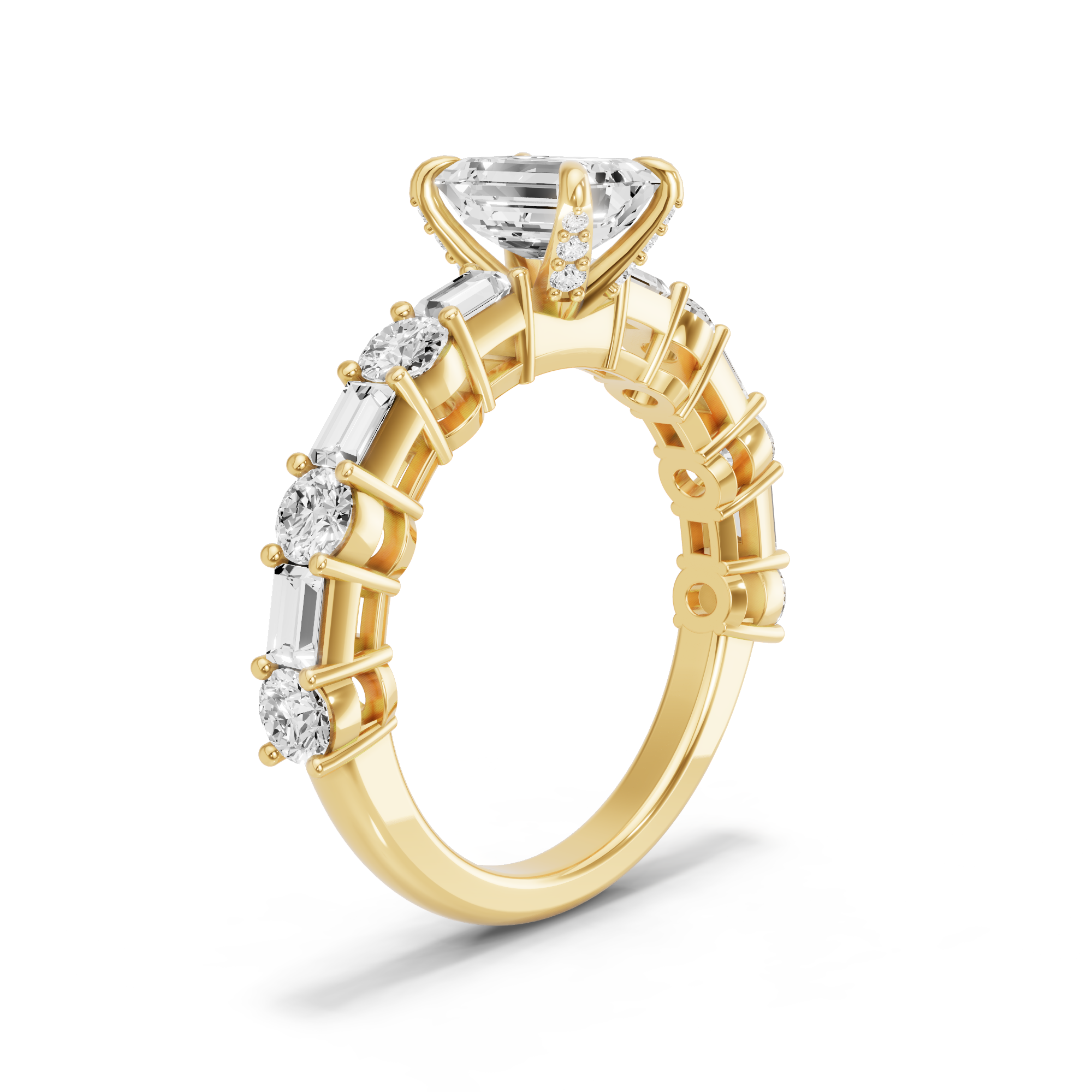 Image for Emerald Diamond Tulip Ring with Alternating Baguette band in 14K Yellow Gold