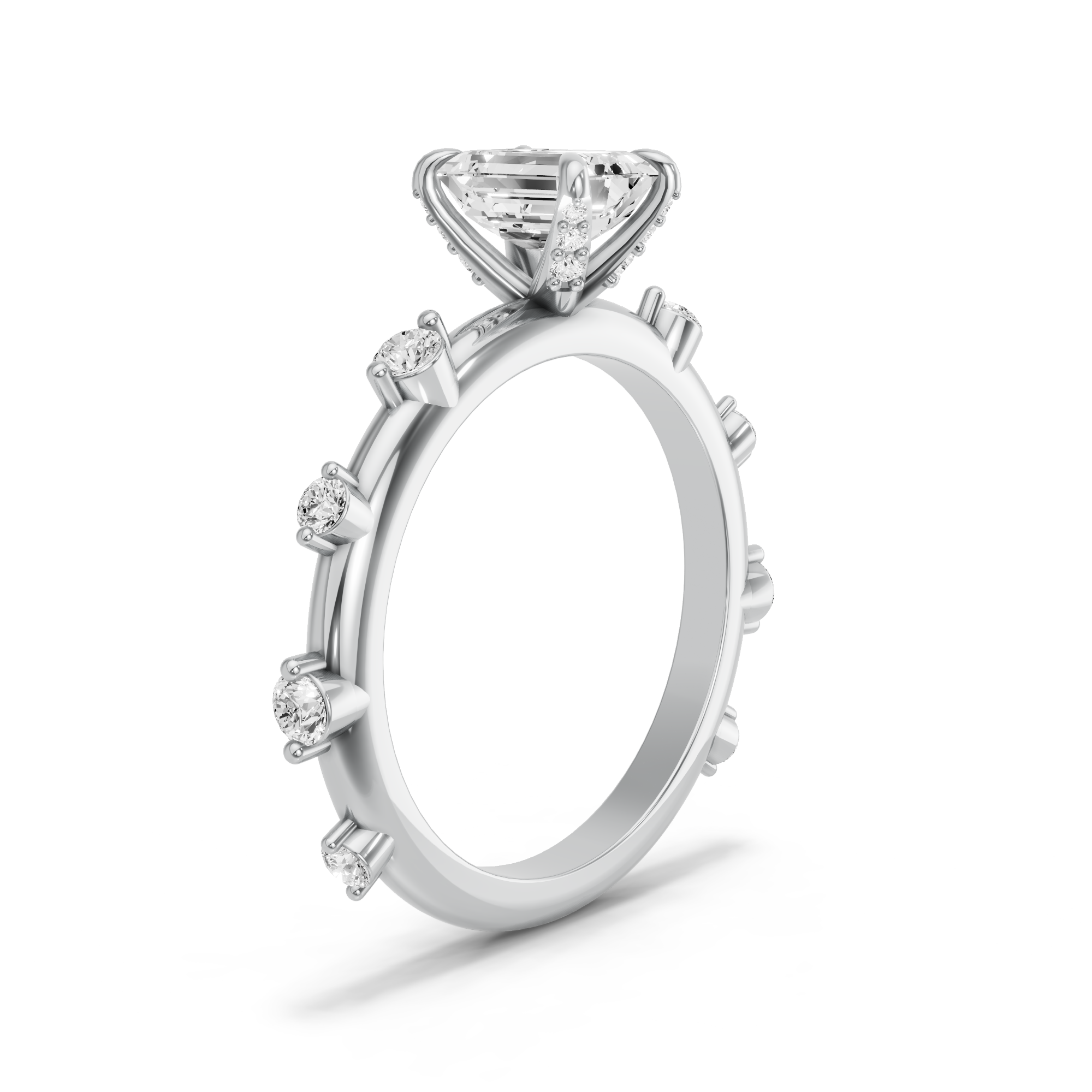 Image for Emerald Diamond Tulip Ring with Floating Station band in 14K White Gold