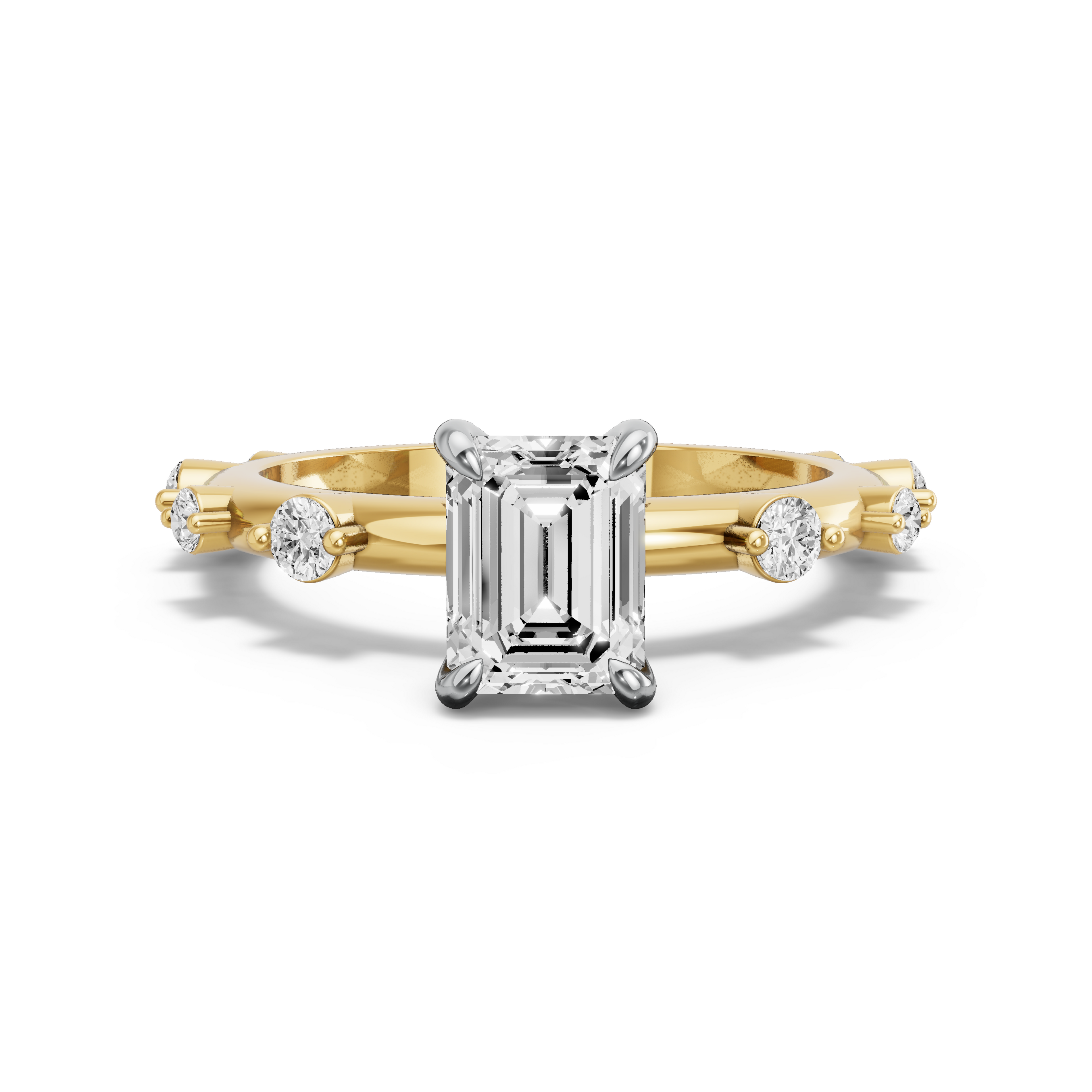 Image for Emerald Diamond Tulip Ring with Floating Station band in 10K Two Tone Yellow Gold