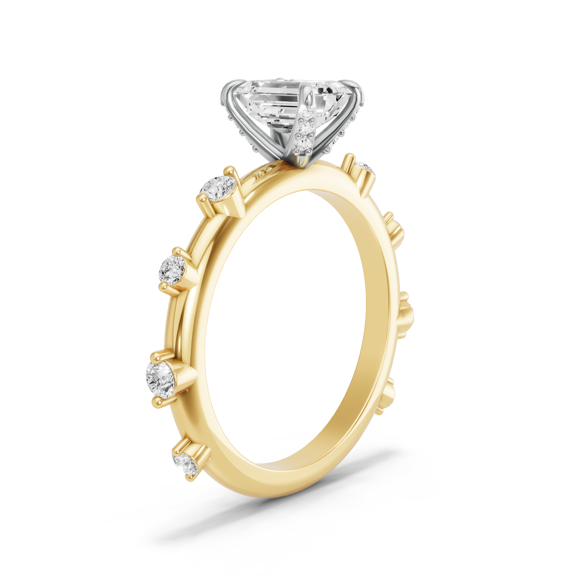 Image for Emerald Diamond Tulip Ring with Floating Station band in 18K Two Tone Yellow Gold