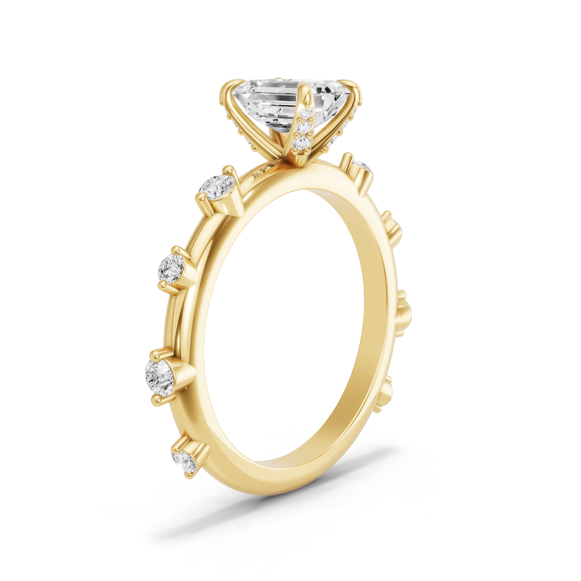 Image for Emerald Diamond Tulip Ring with Floating Station band in 10K Yellow Gold