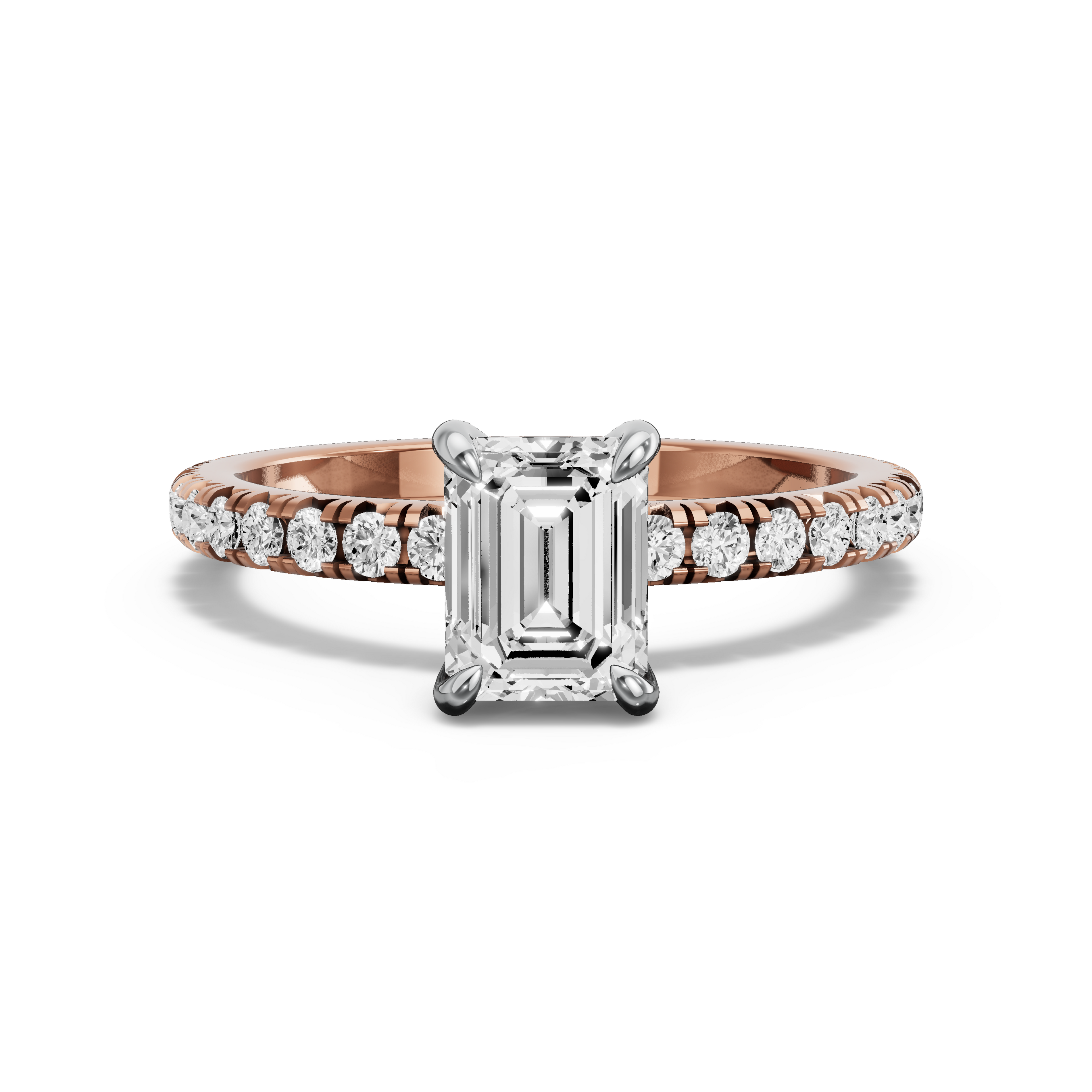 Image for Emerald Diamond Tulip Ring with French Pave band in 14K Two Tone Rose Gold