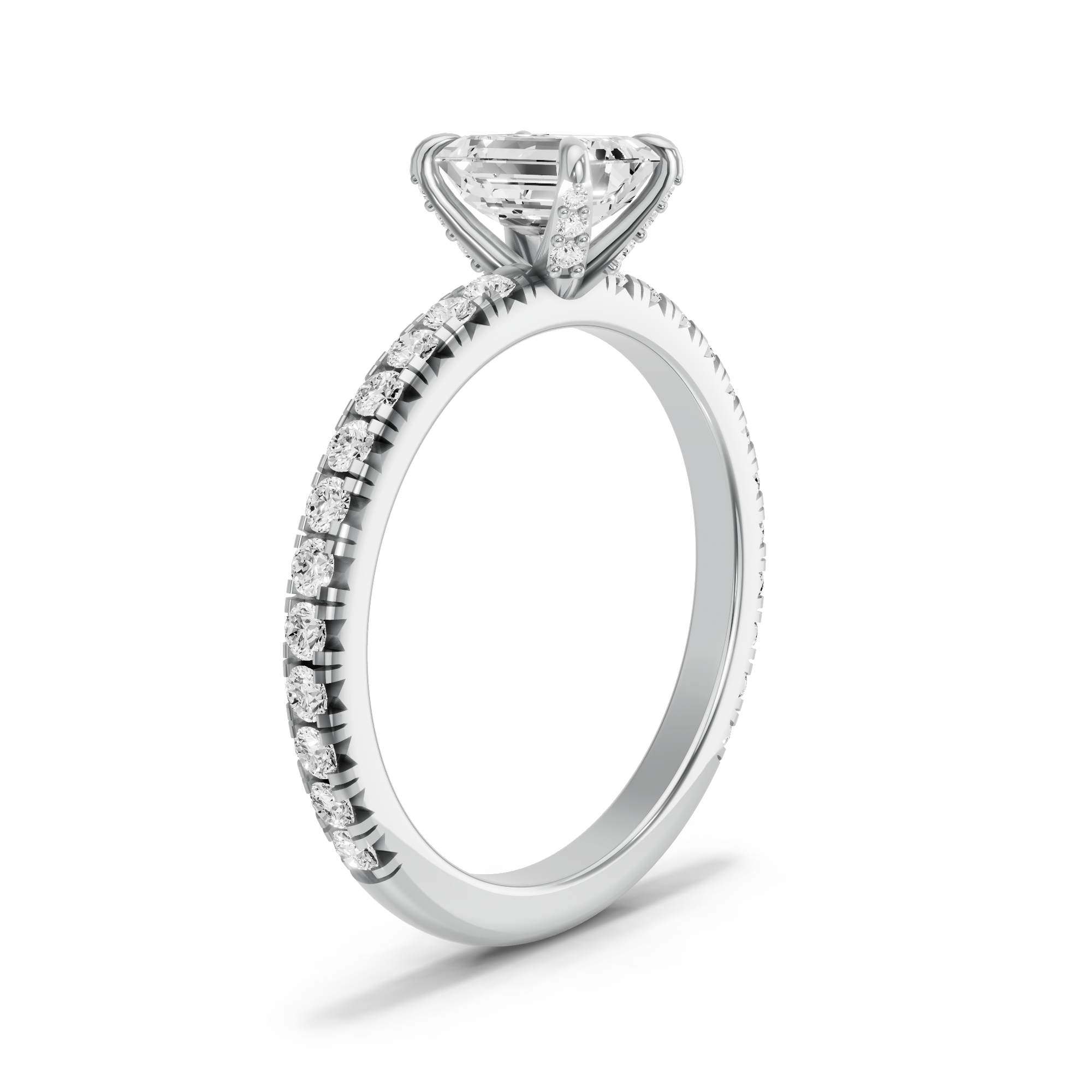 Image for Emerald Diamond Tulip Ring with French Pave band in 18K White Gold