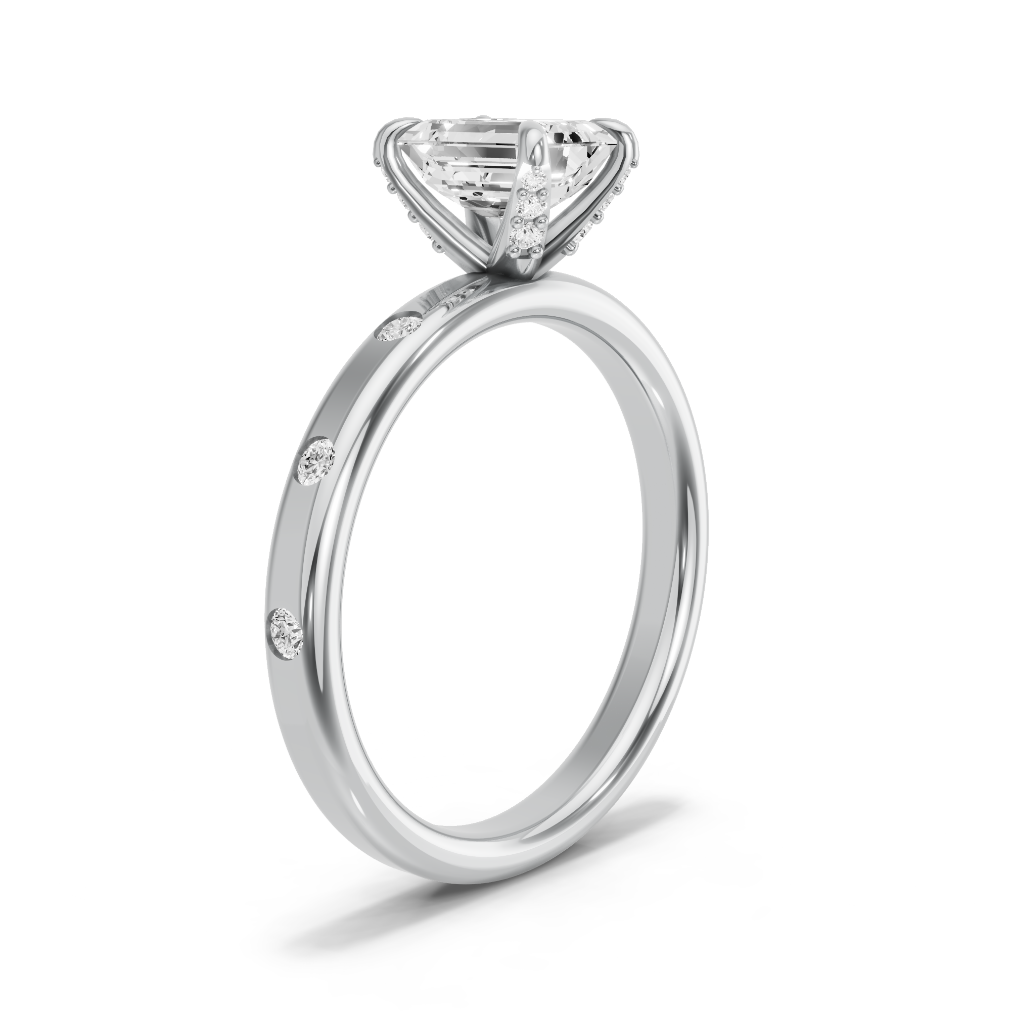 Image for Emerald Diamond Tulip Ring with Sleek Accent band in 18K White Gold