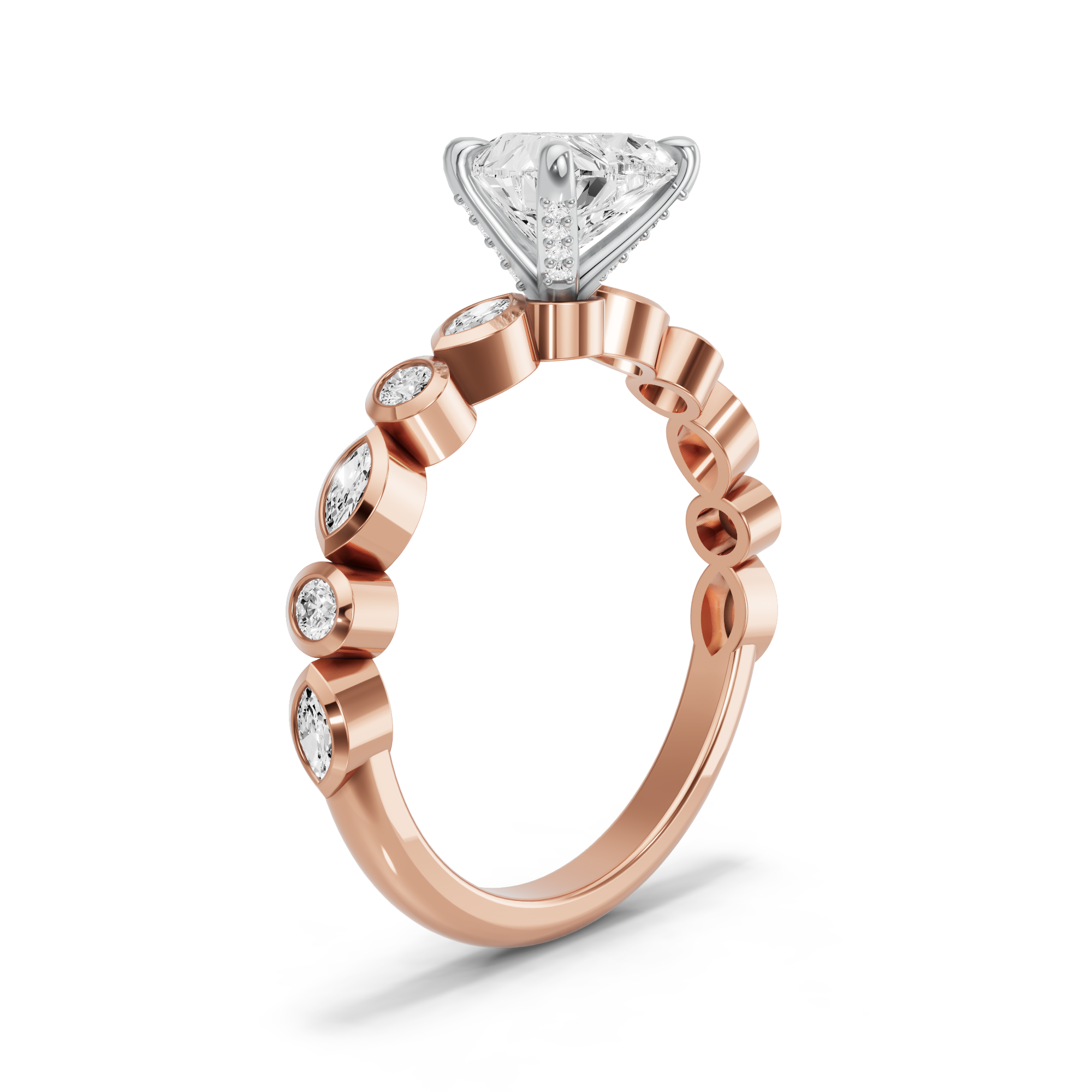 Image for Heart Diamond Tulip Ring with Alternating Marquise band in 10K Two Tone Rose Gold