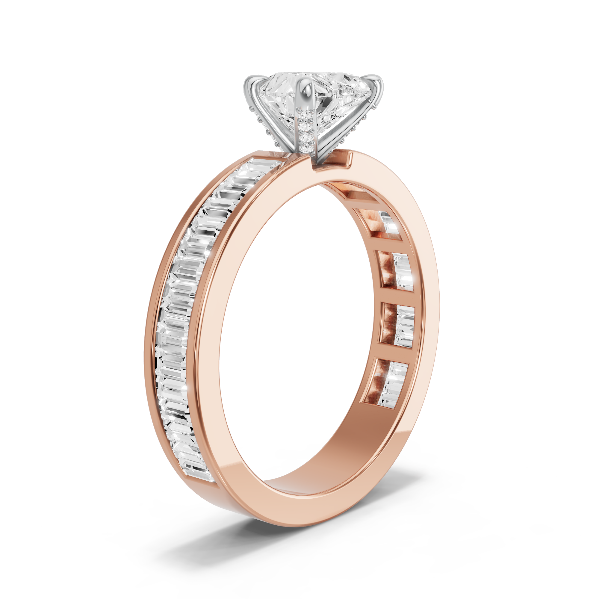 Image for Heart Diamond Tulip Ring with Baguette Channel band in 10K Two Tone Rose Gold