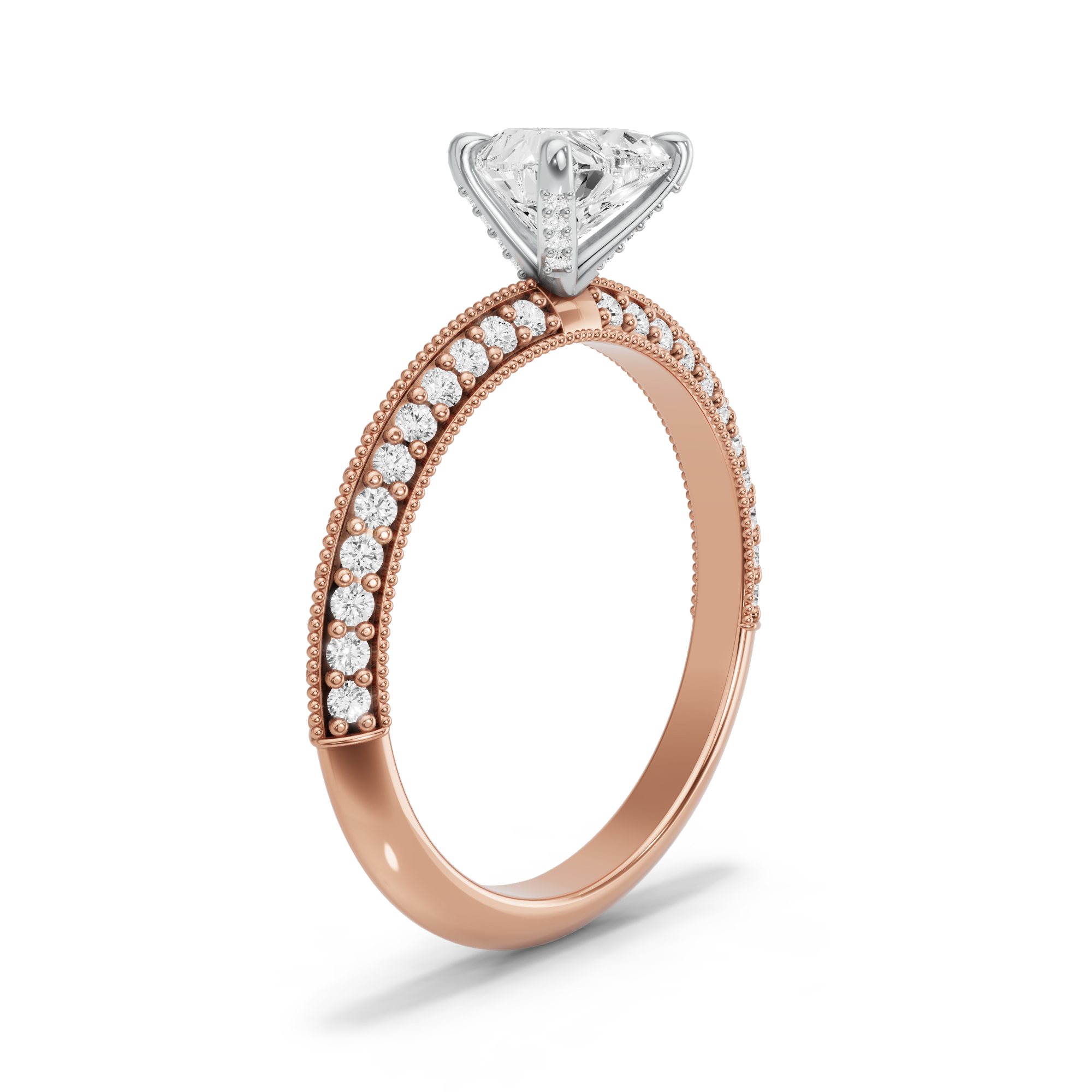 Image for Heart Diamond Tulip Ring with Knife Edge Pave band in 10K Two Tone Rose Gold