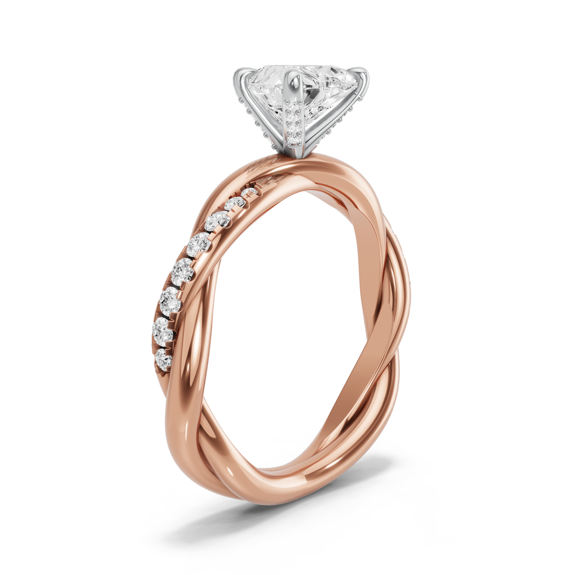 Image for Heart Diamond Tulip Ring with Rope Pave band in 14K Two Tone Rose Gold