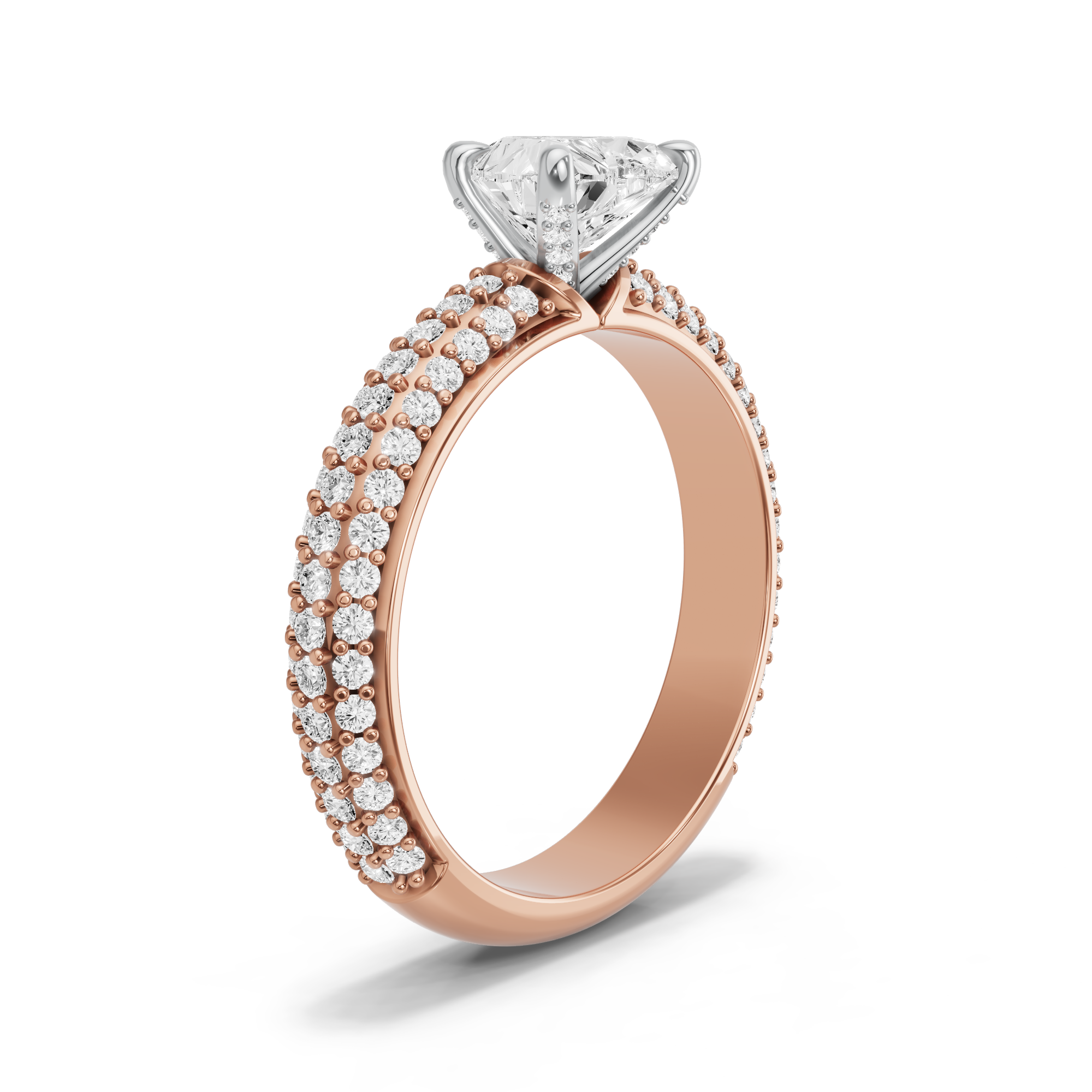 Image for Heart Diamond Tulip Ring with Triple Row Pave band in 10K Two Tone Rose Gold