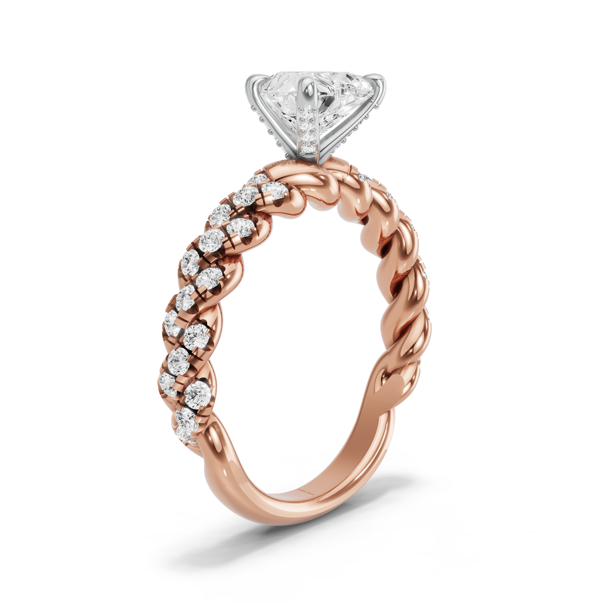 Image for Heart Diamond Tulip Ring with Twist Pave band in 18K Two Tone Rose Gold