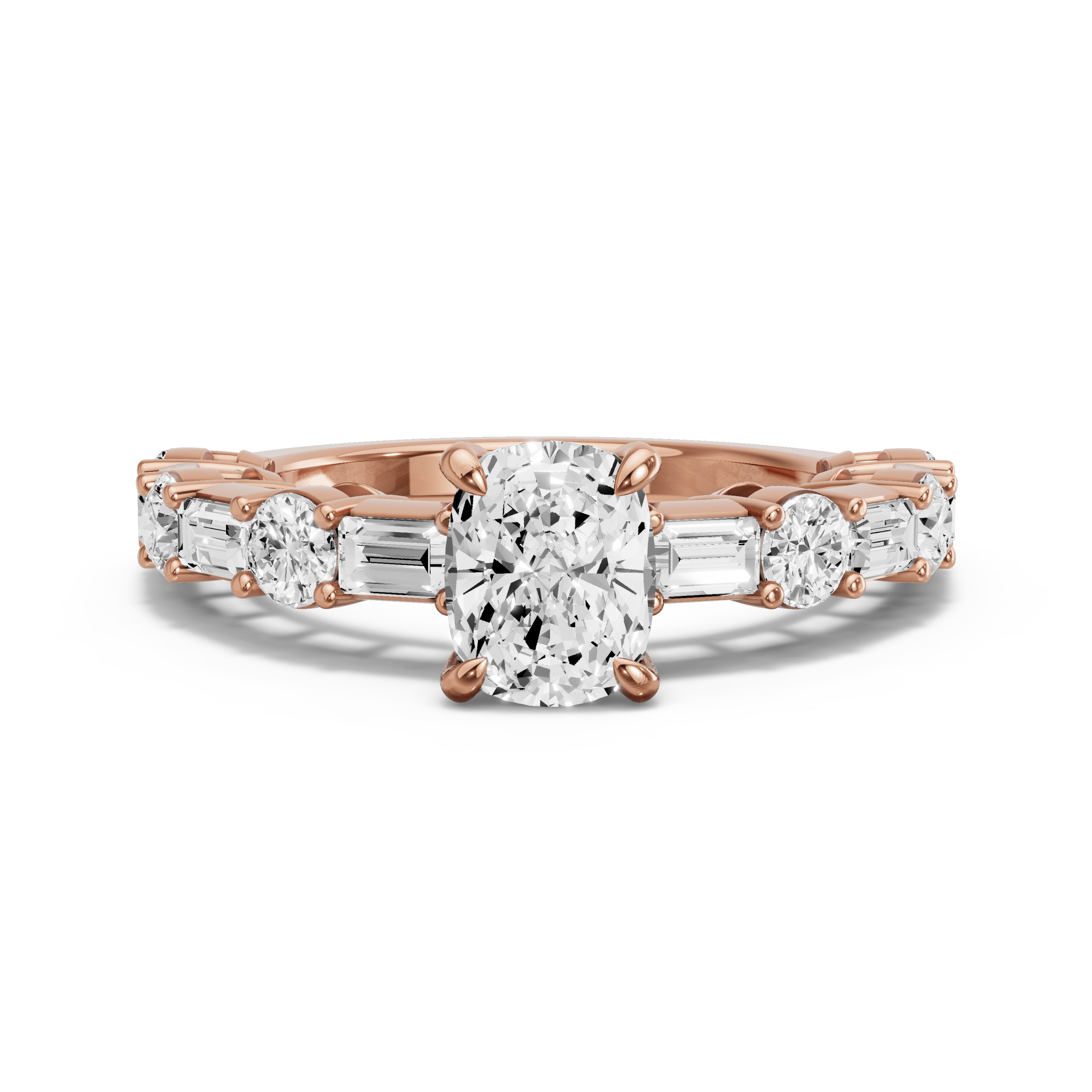 Image for Cushion Diamond Tulip Ring with Alternating Baguette band in 14K Rose Gold