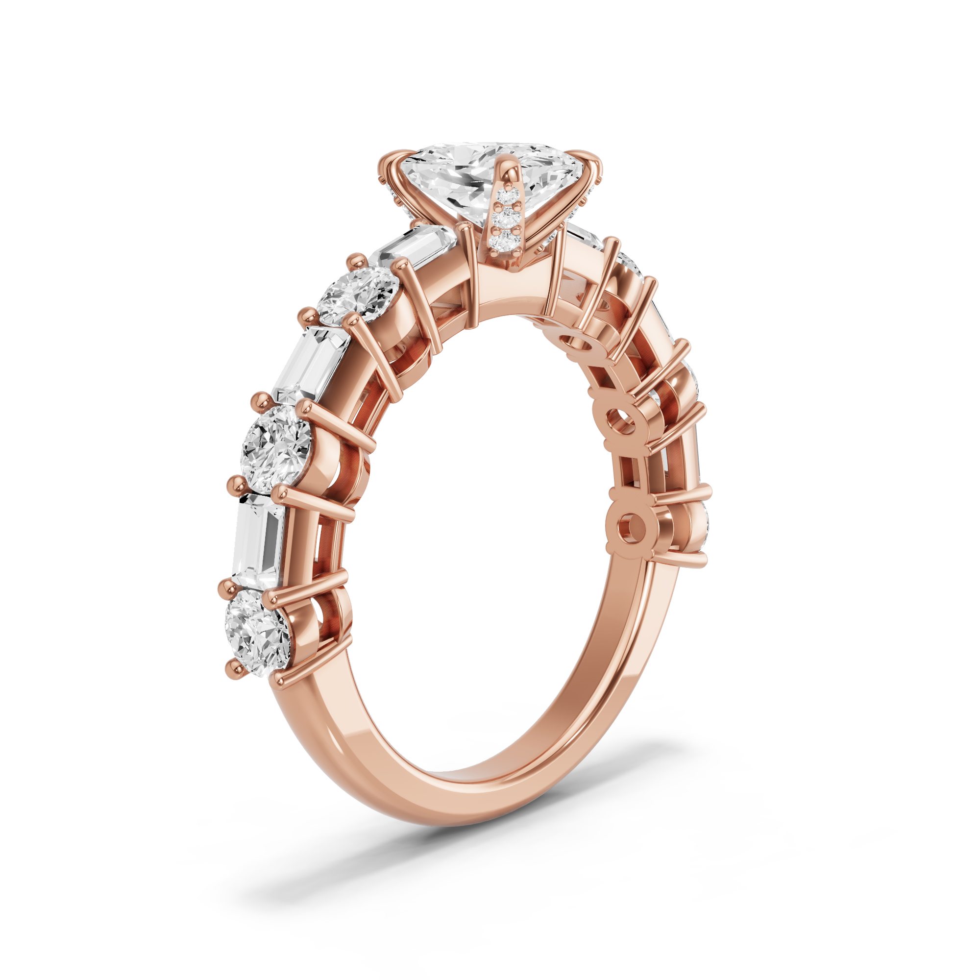 Image for Cushion Diamond Tulip Ring with Alternating Baguette band in 14K Rose Gold