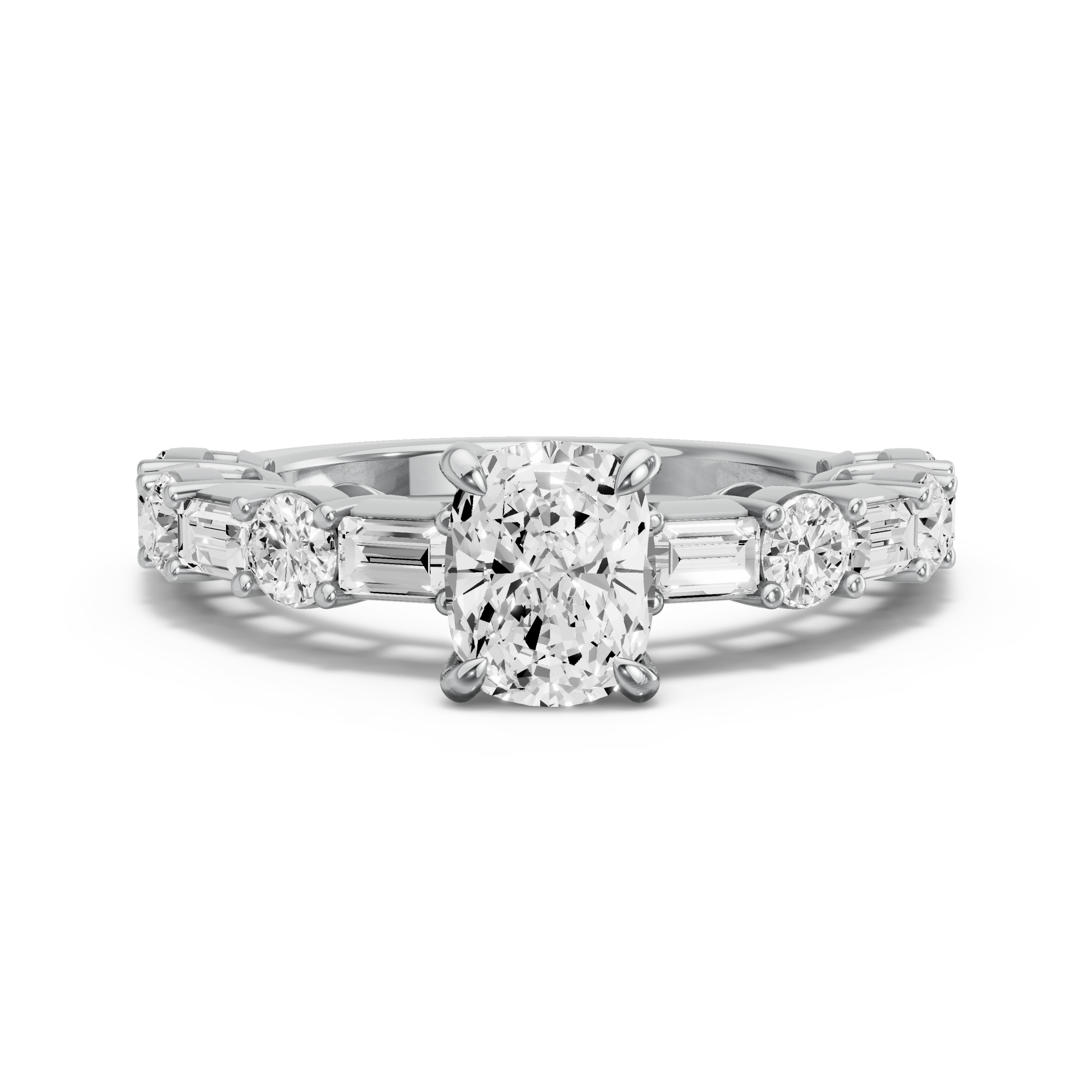 Image for Cushion Diamond Tulip Ring with Alternating Baguette band in 14K White Gold