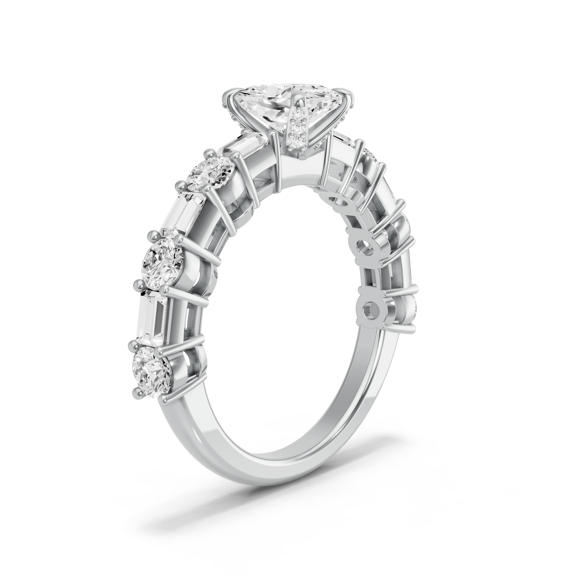 Image for Cushion Diamond Tulip Ring with Alternating Baguette band in 14K White Gold