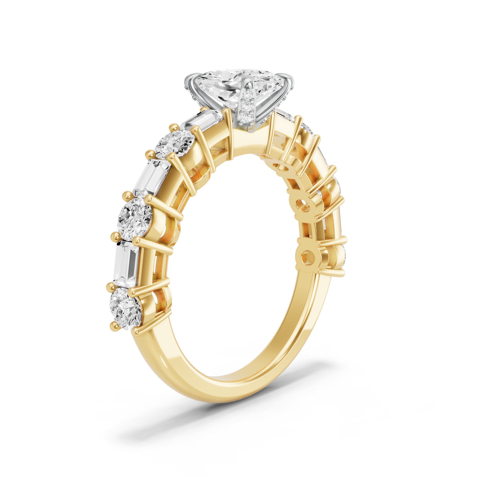 Image for Cushion Diamond Tulip Ring with Alternating Baguette band in 10K Two Tone Yellow Gold