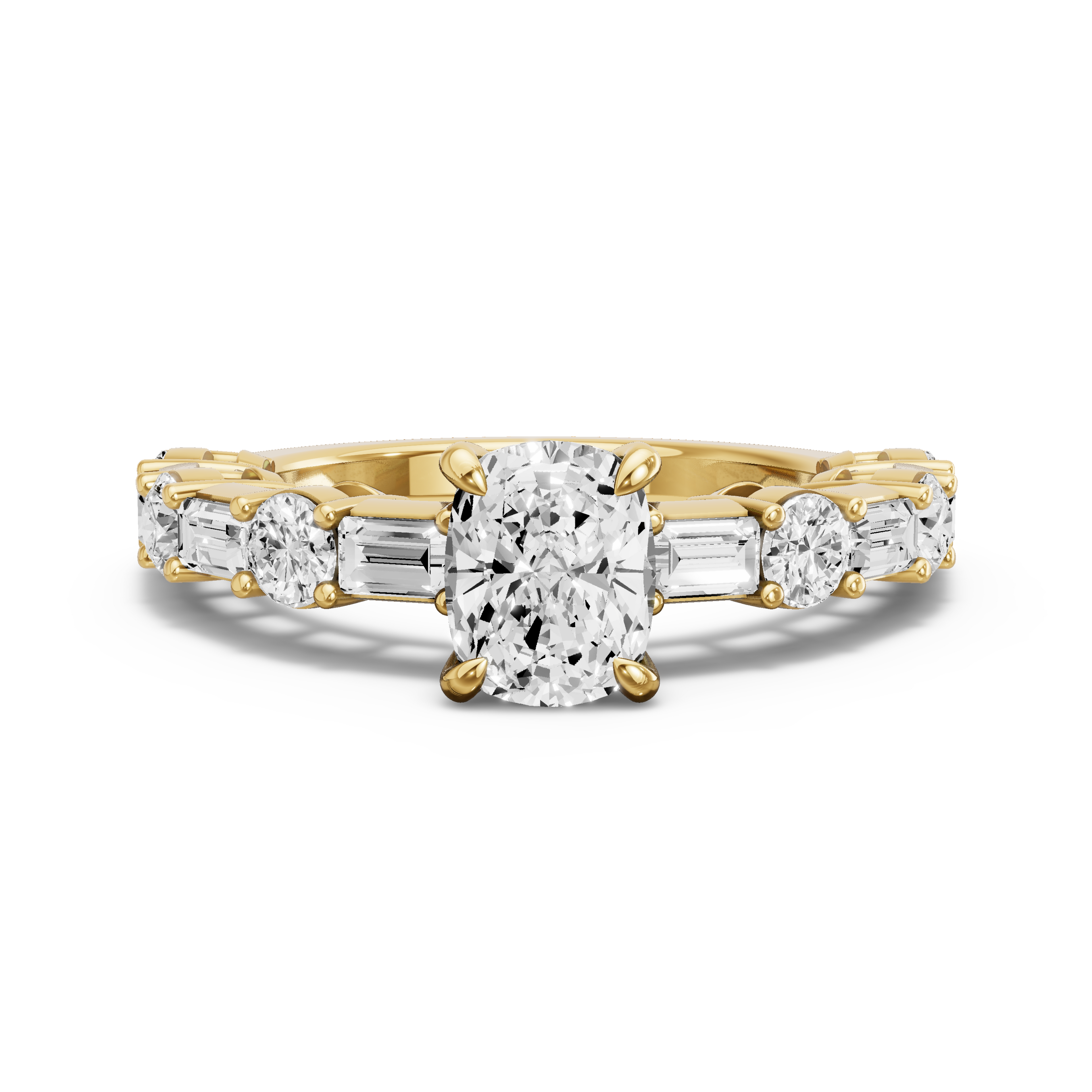 Image for Cushion Diamond Tulip Ring with Alternating Baguette band in 10K Yellow Gold