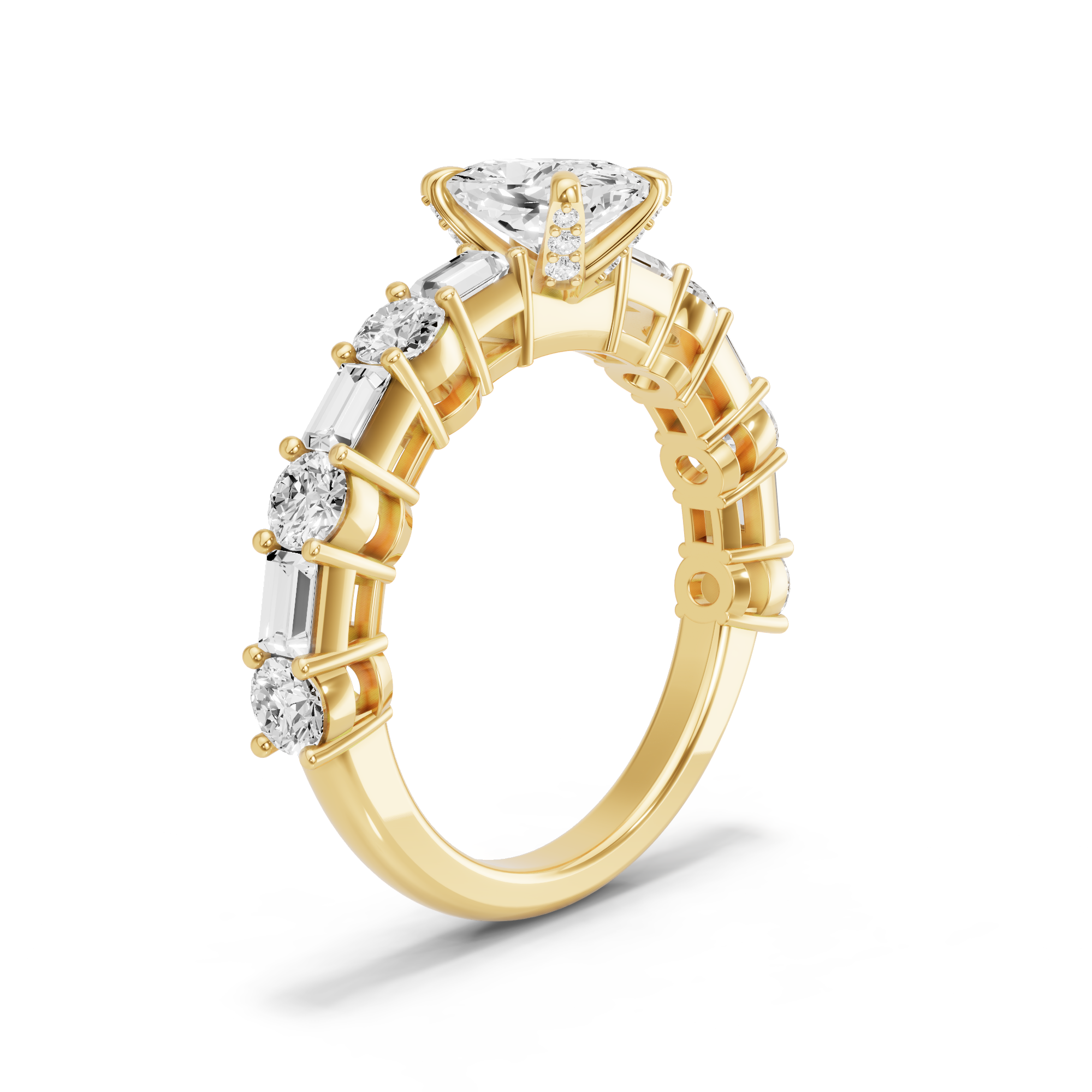 Image for Cushion Diamond Tulip Ring with Alternating Baguette band in 14K Yellow Gold