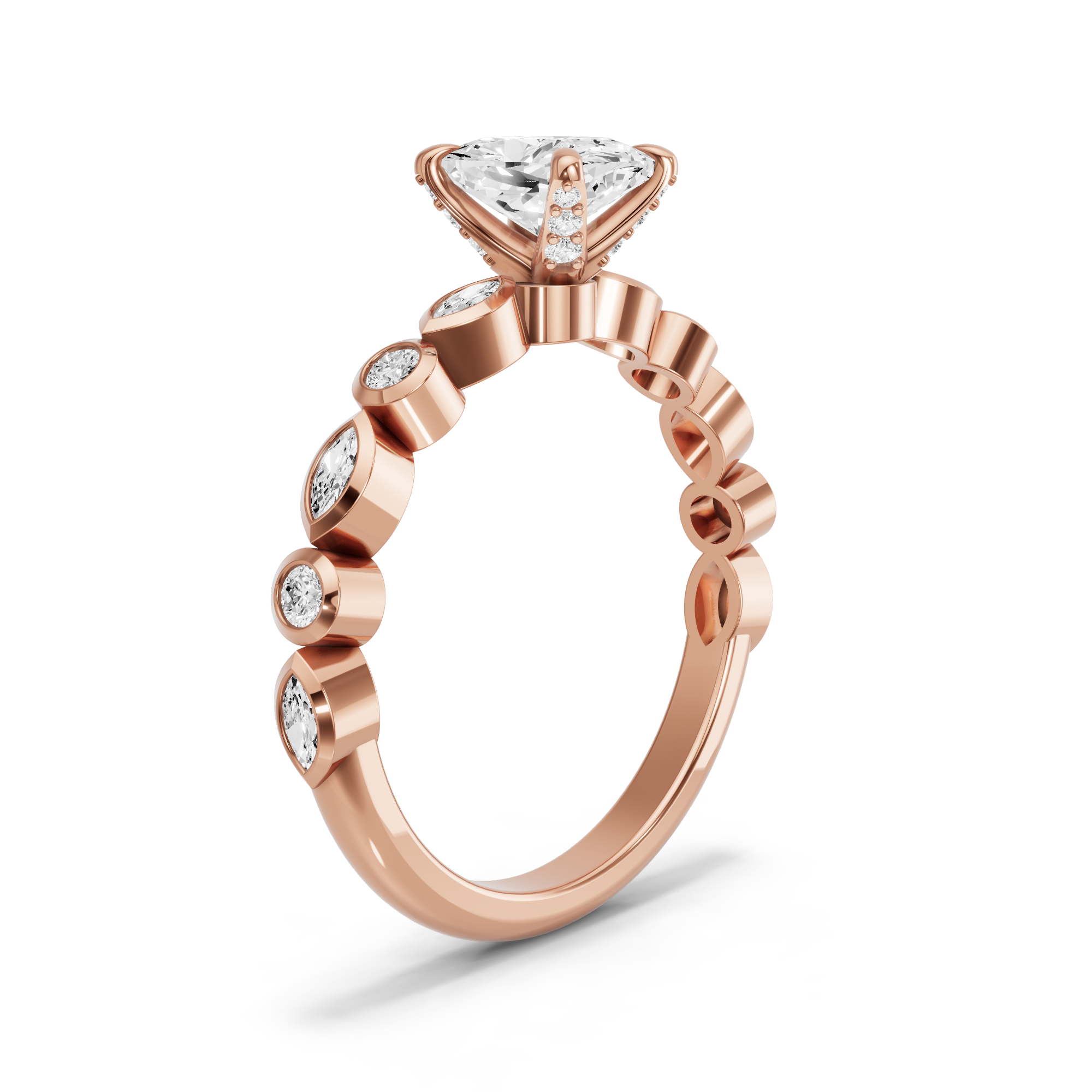 Image for Cushion Diamond Tulip Ring with Alternating Marquise band in 18K Rose Gold