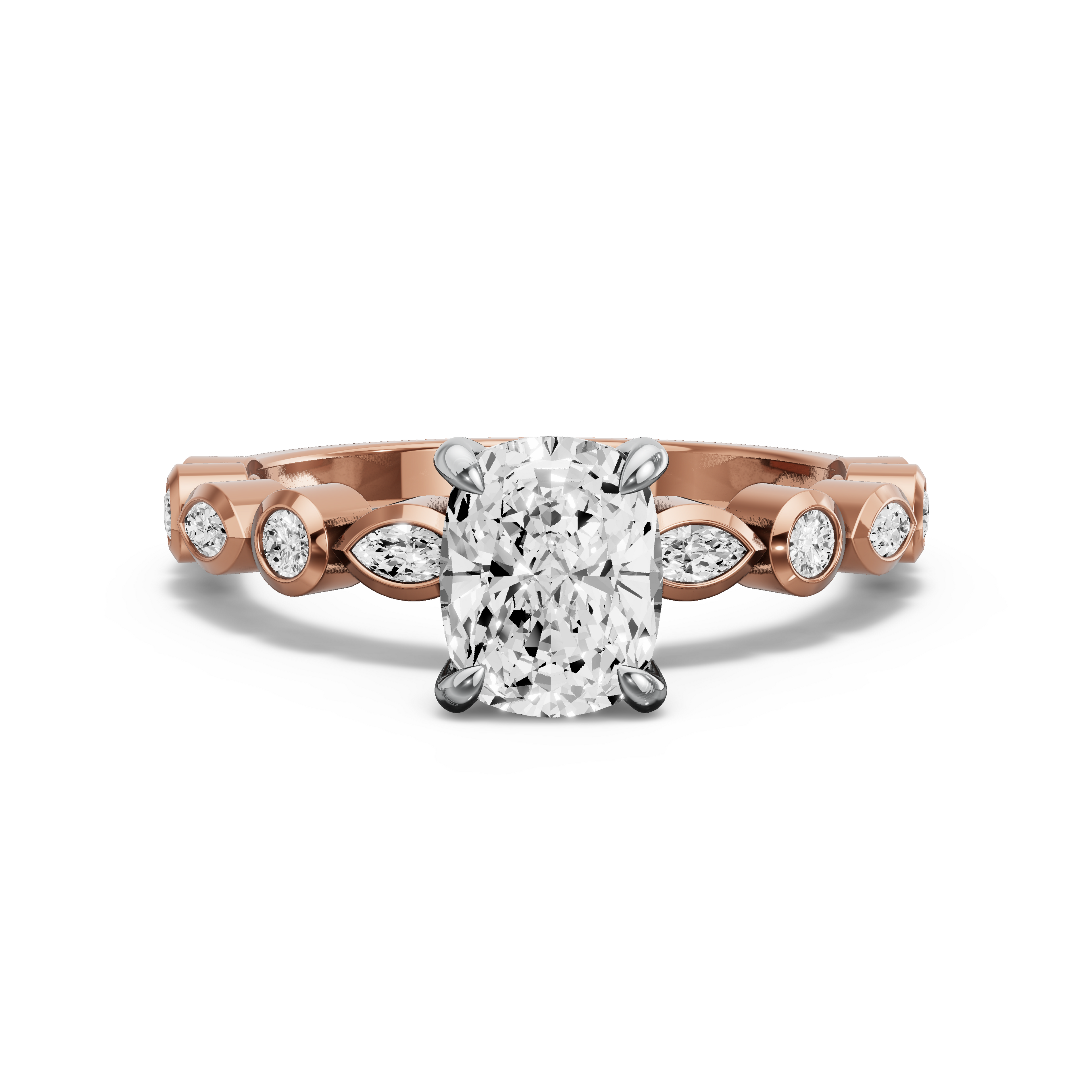 Image for Cushion Diamond Tulip Ring with Alternating Marquise band in 18K Two Tone Rose Gold