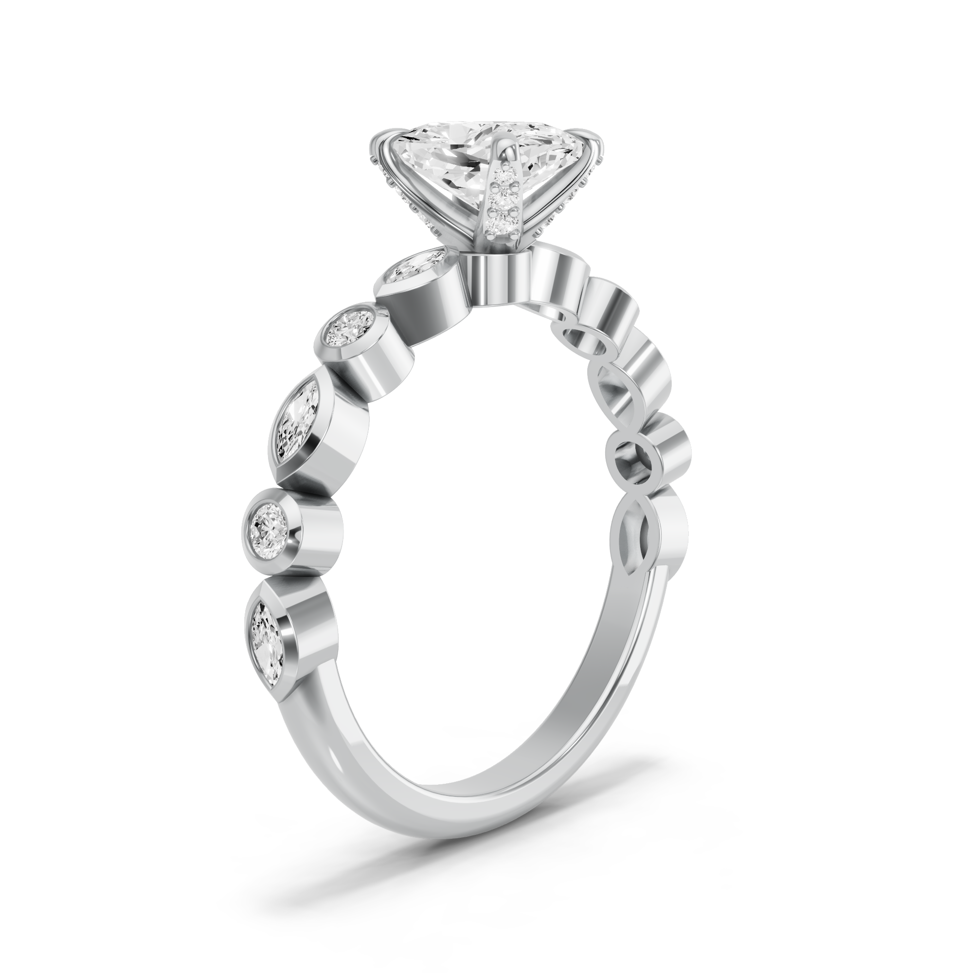Image for Cushion Diamond Tulip Ring with Alternating Marquise band in 18K White Gold