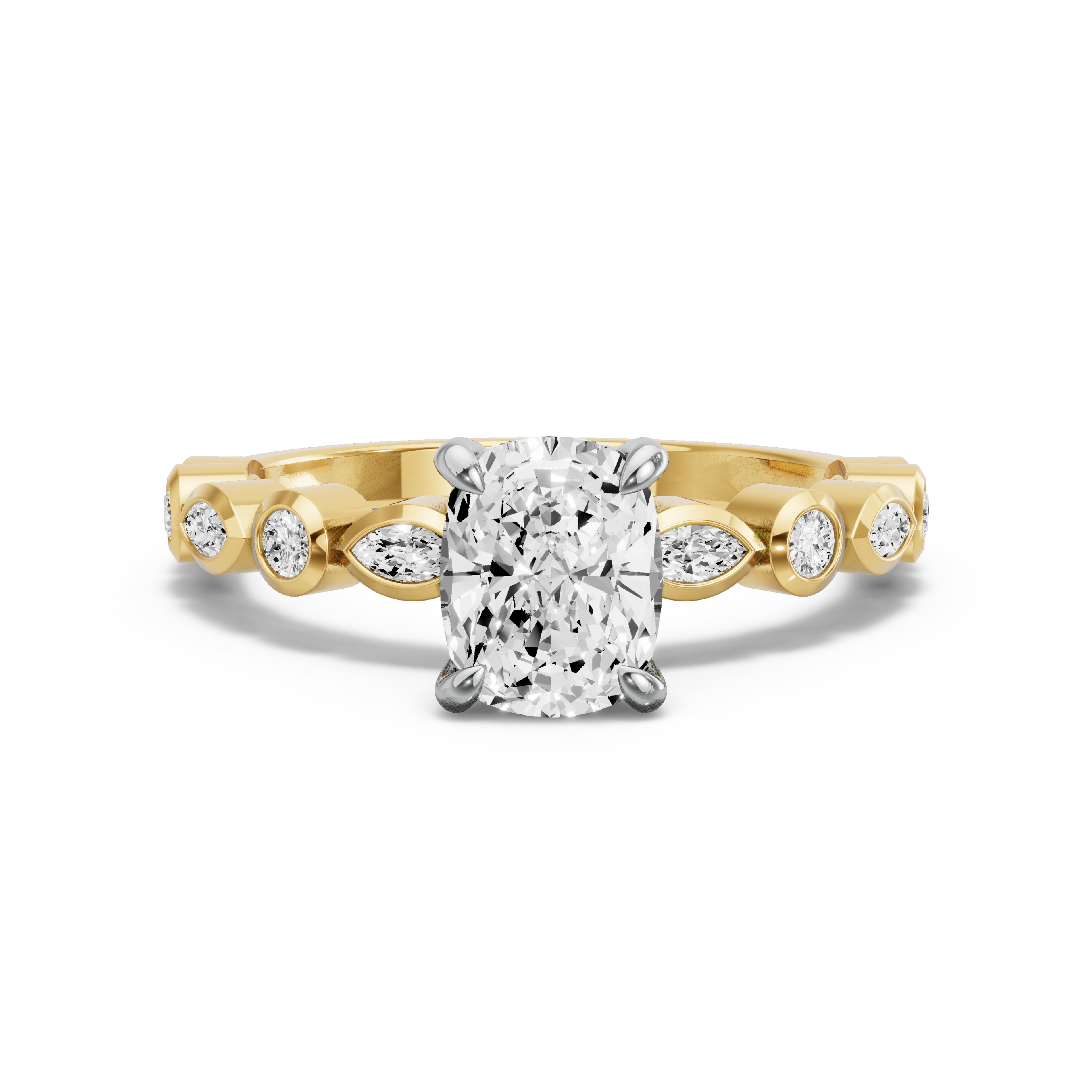 Image for Cushion Diamond Tulip Ring with Alternating Marquise band in 10K Two Tone Yellow Gold