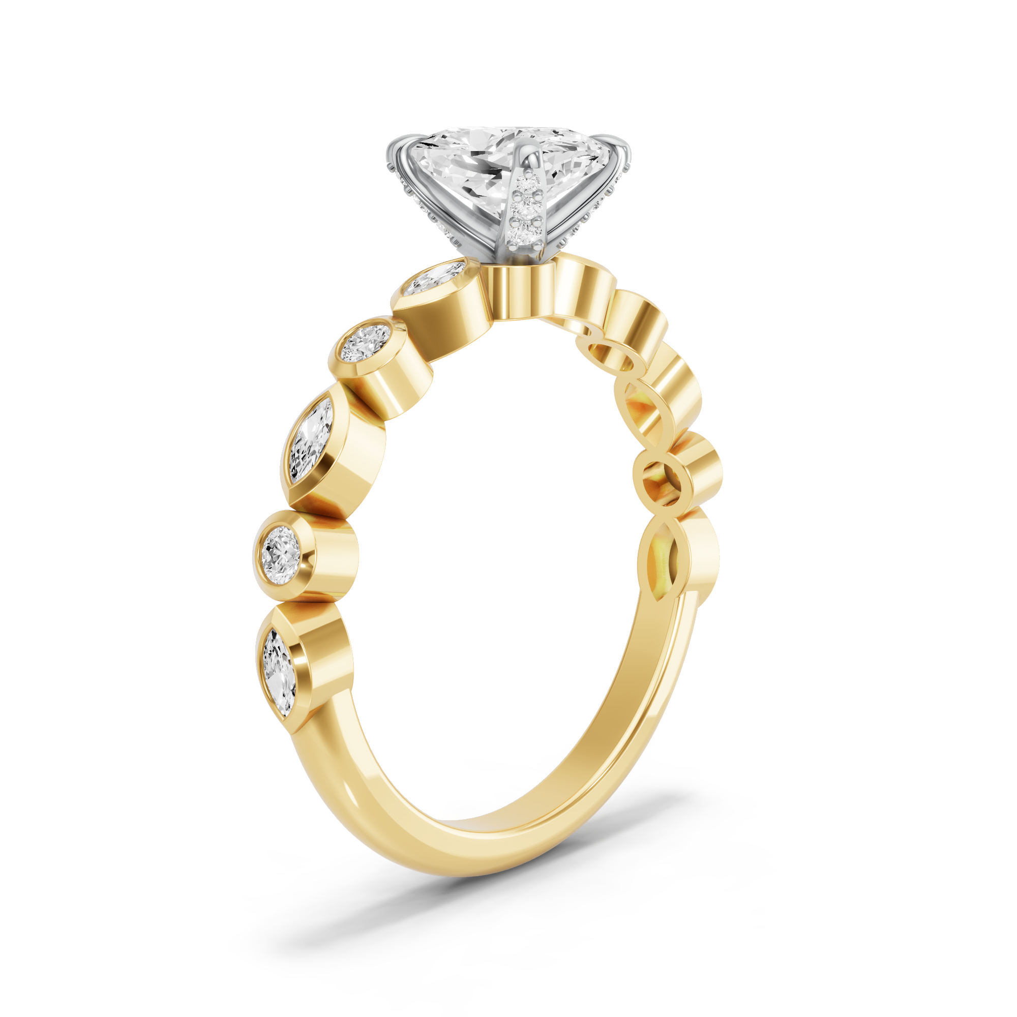 Image for Cushion Diamond Tulip Ring with Alternating Marquise band in 10K Two Tone Yellow Gold