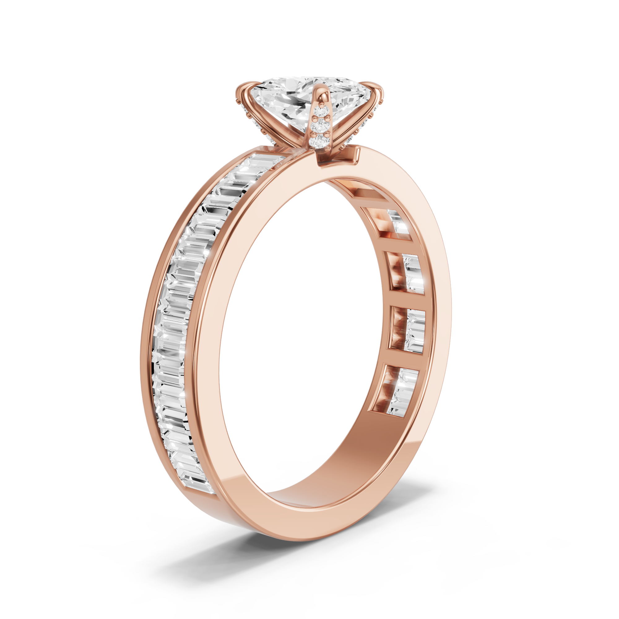 Image for Cushion Diamond Tulip Ring with Baguette Channel band in 18K Rose Gold