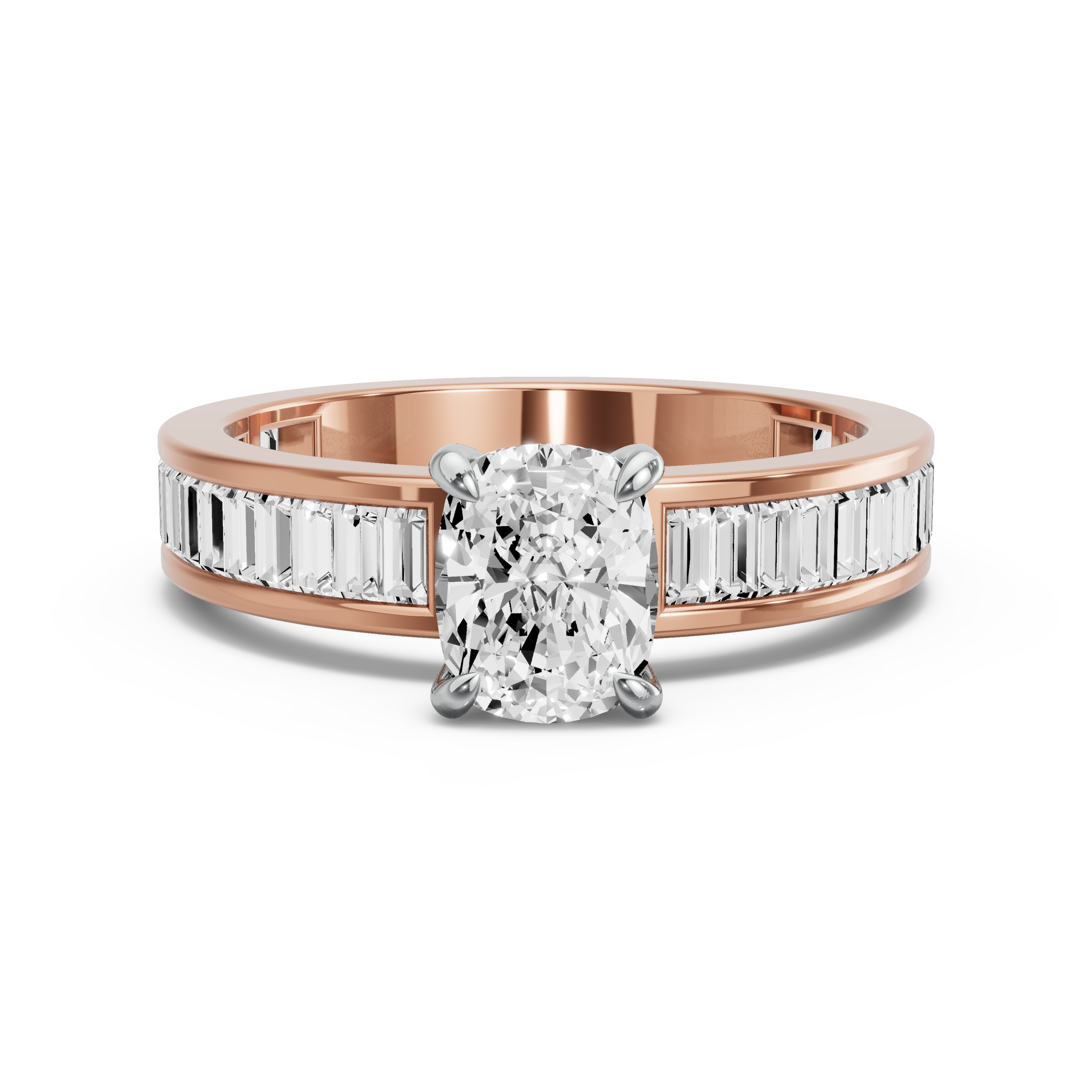 Image for Cushion Diamond Tulip Ring with Baguette Channel band in 14K Two Tone Rose Gold