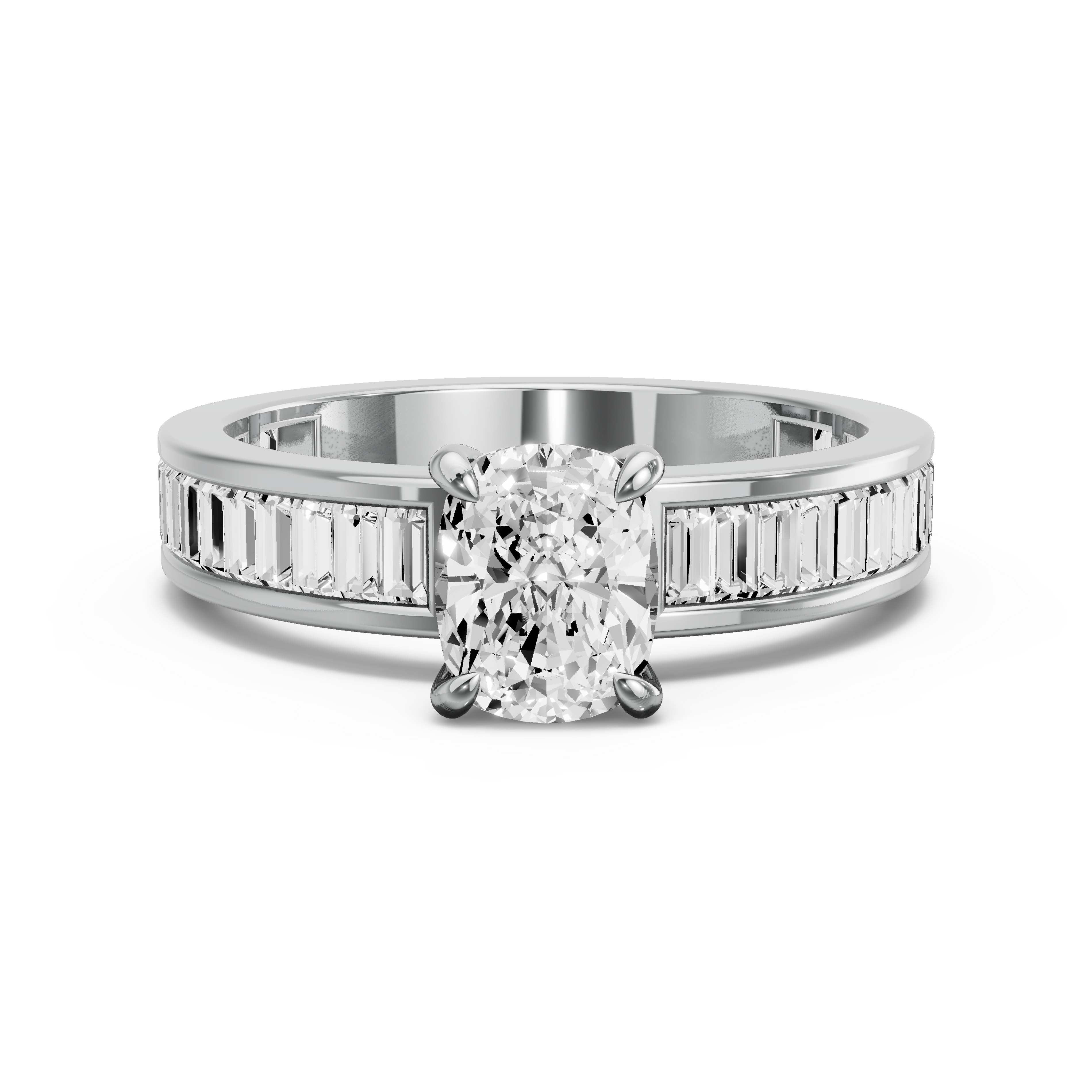 Image for Cushion Diamond Tulip Ring with Baguette Channel band in 14K White Gold