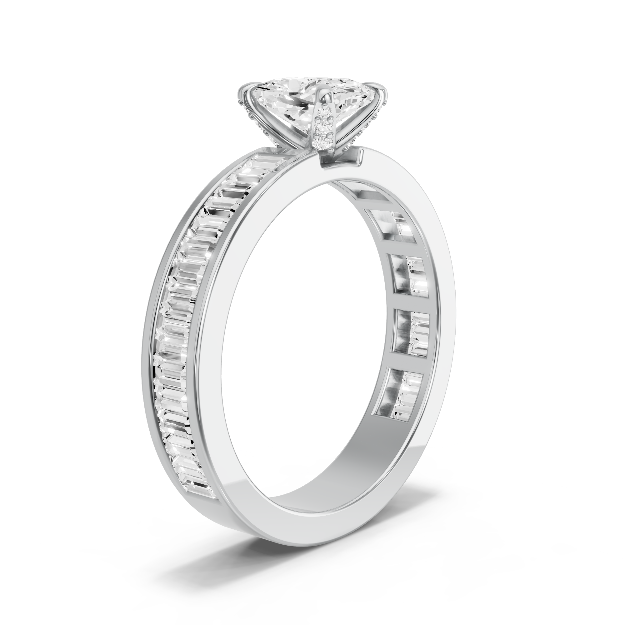 Image for Cushion Diamond Tulip Ring with Baguette Channel band in 14K White Gold