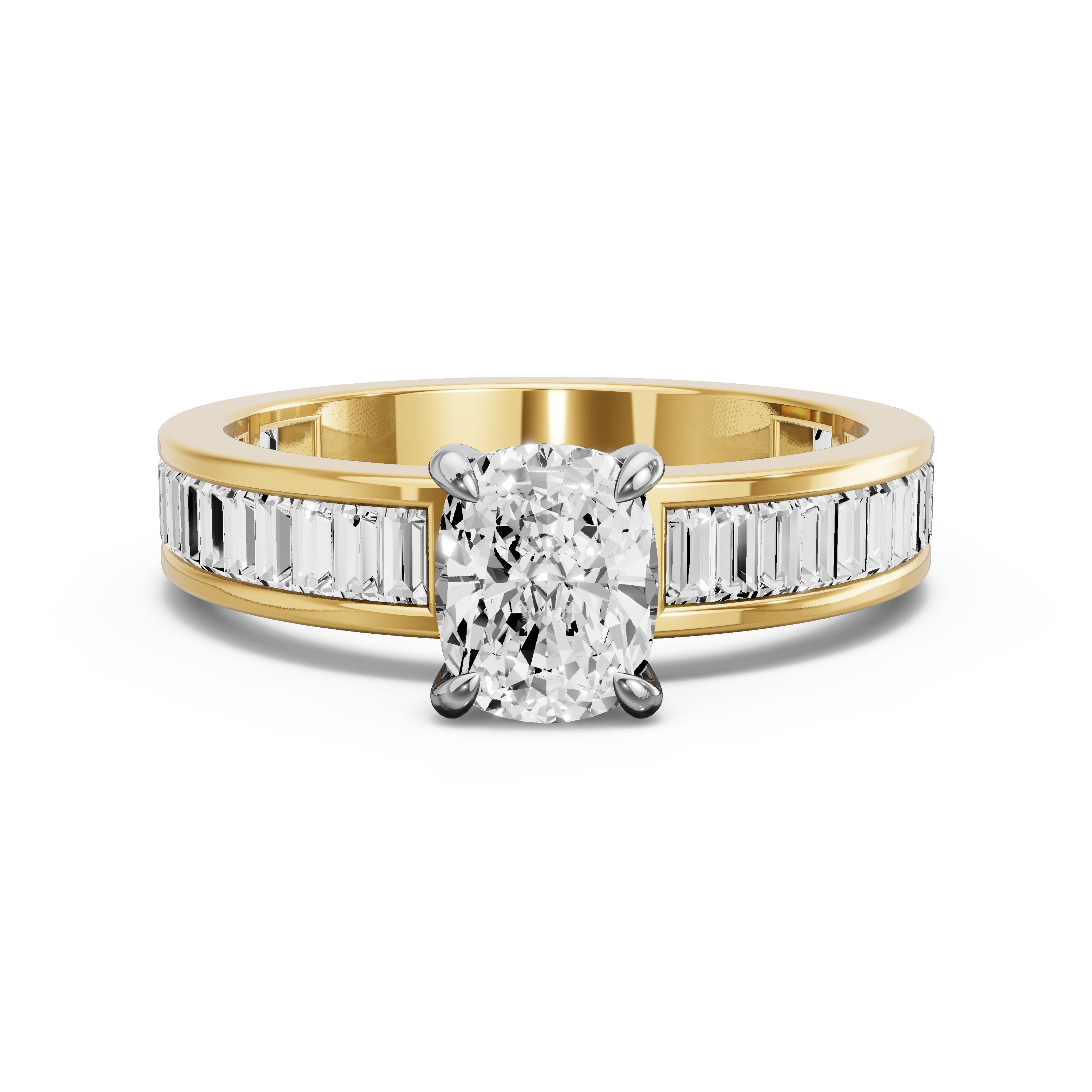 Image for Cushion Diamond Tulip Ring with Baguette Channel band in 10K Two Tone Yellow Gold