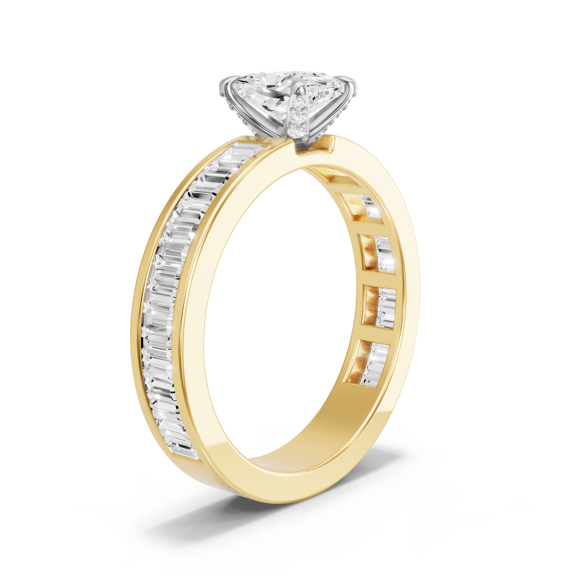 Image for Cushion Diamond Tulip Ring with Baguette Channel band in 10K Two Tone Yellow Gold