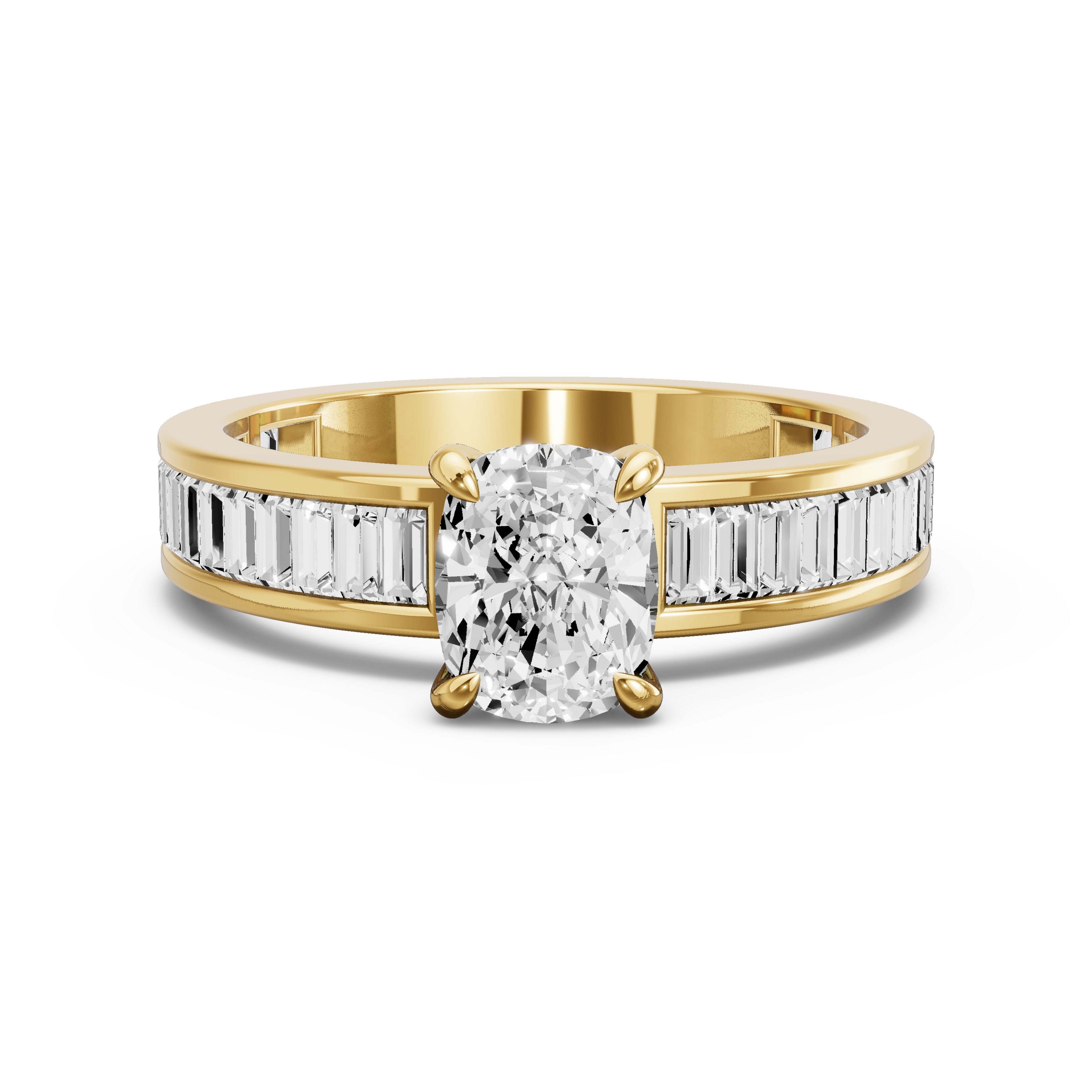 Image for Cushion Diamond Tulip Ring with Baguette Channel band in 18K Yellow Gold