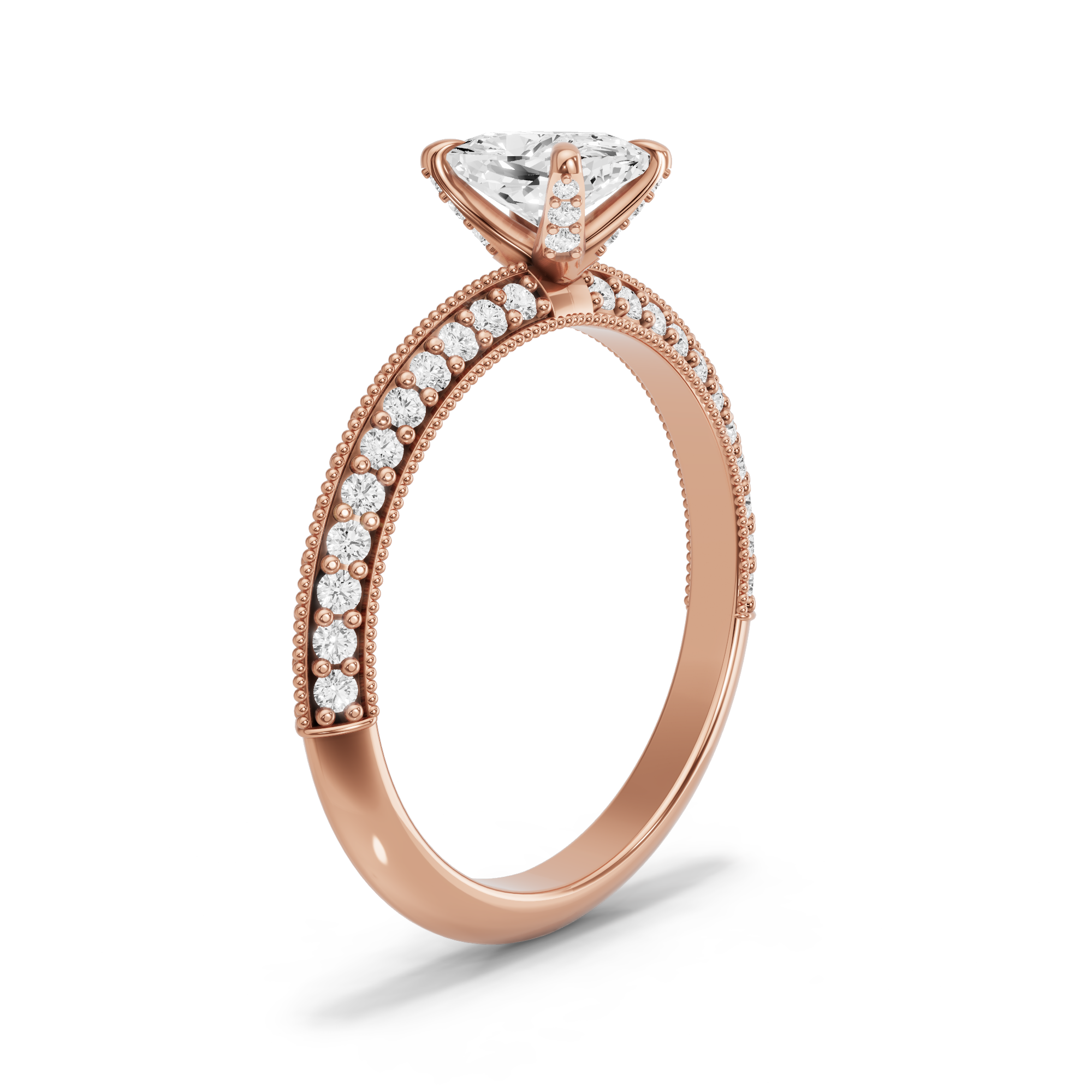 Image for Cushion Diamond Tulip Ring with Knife Edge Pave band in 10K Rose Gold
