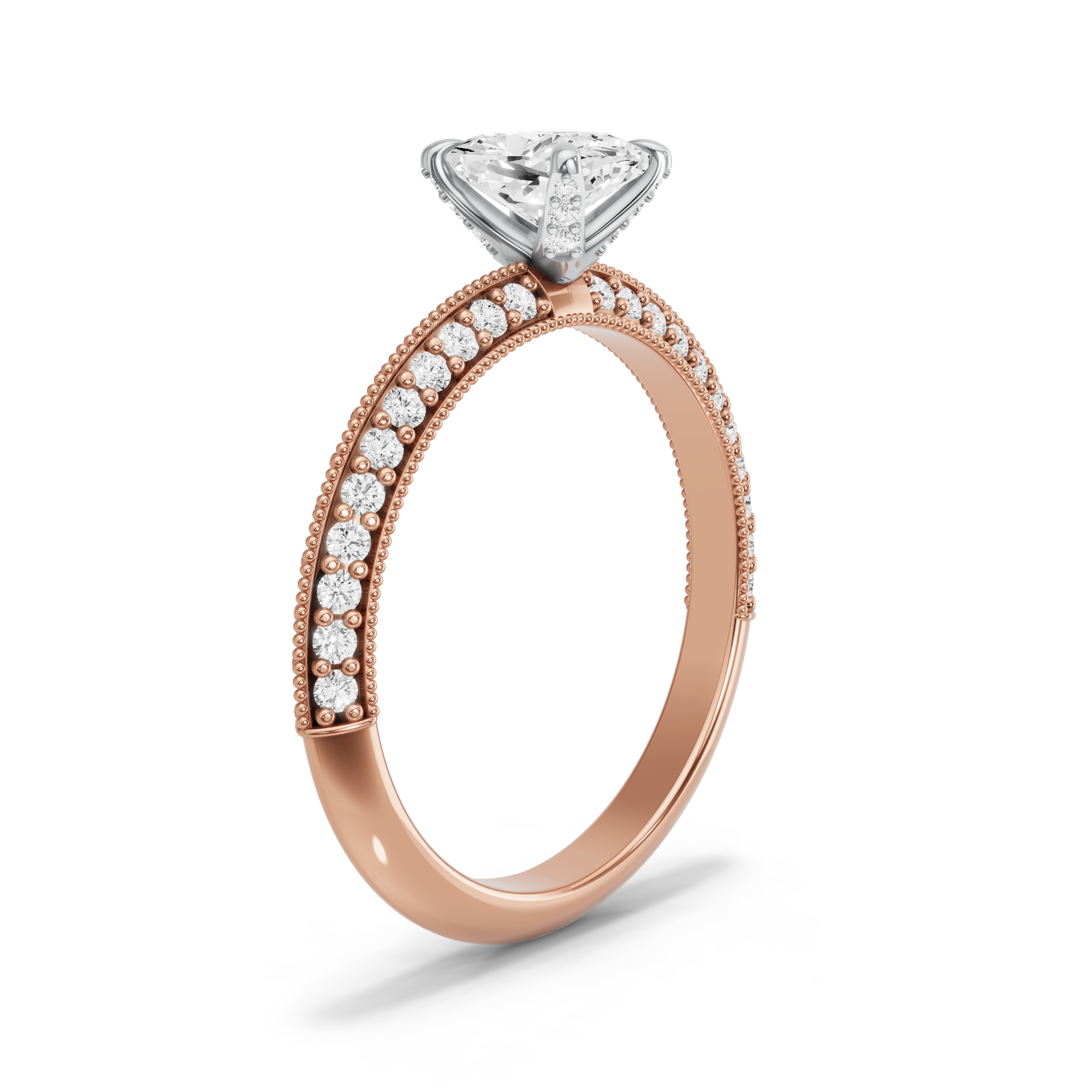 Image for Cushion Diamond Tulip Ring with Knife Edge Pave band in 18K Two Tone Rose Gold