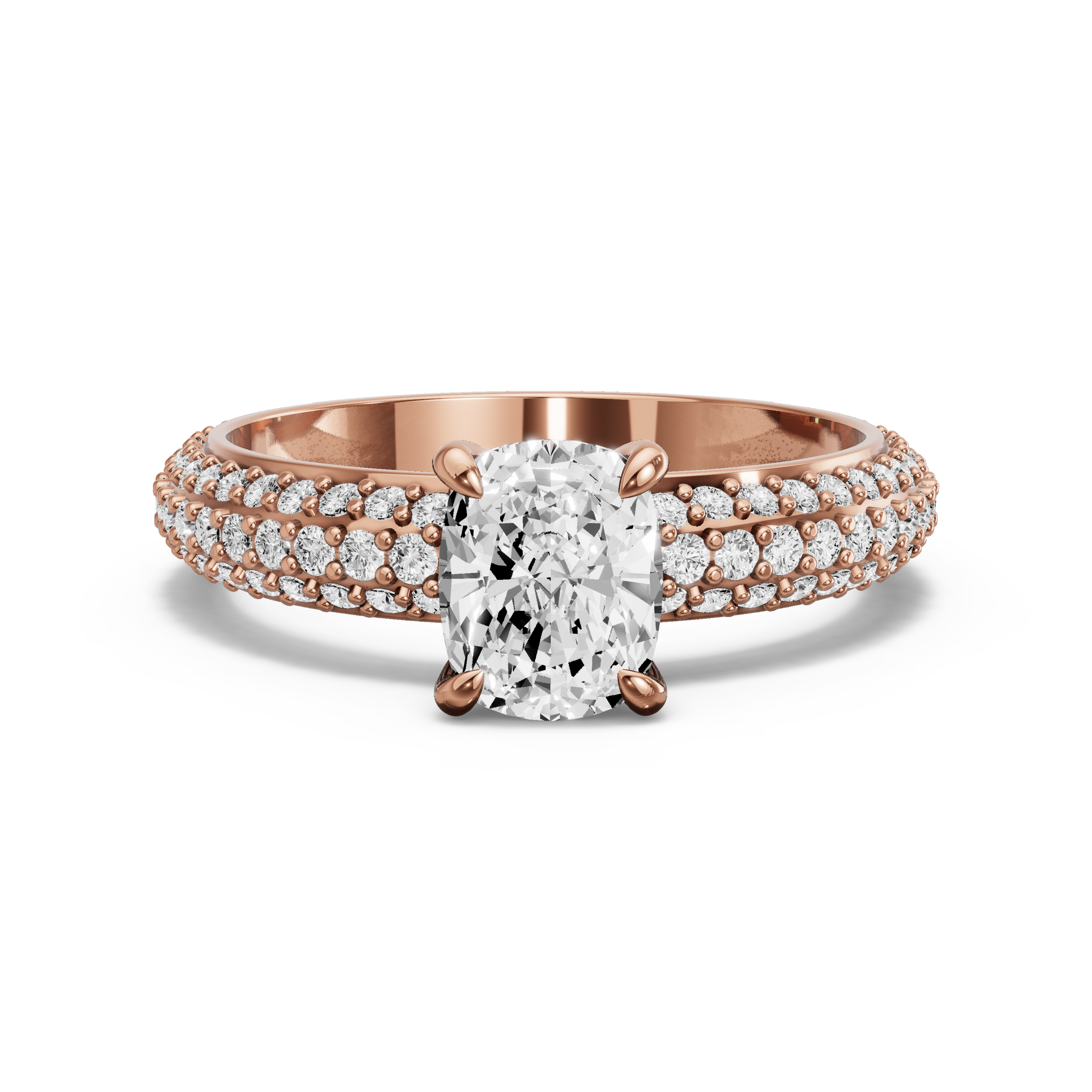 Image for Cushion Diamond Tulip Ring with Triple Row Pave band in 10K Rose Gold