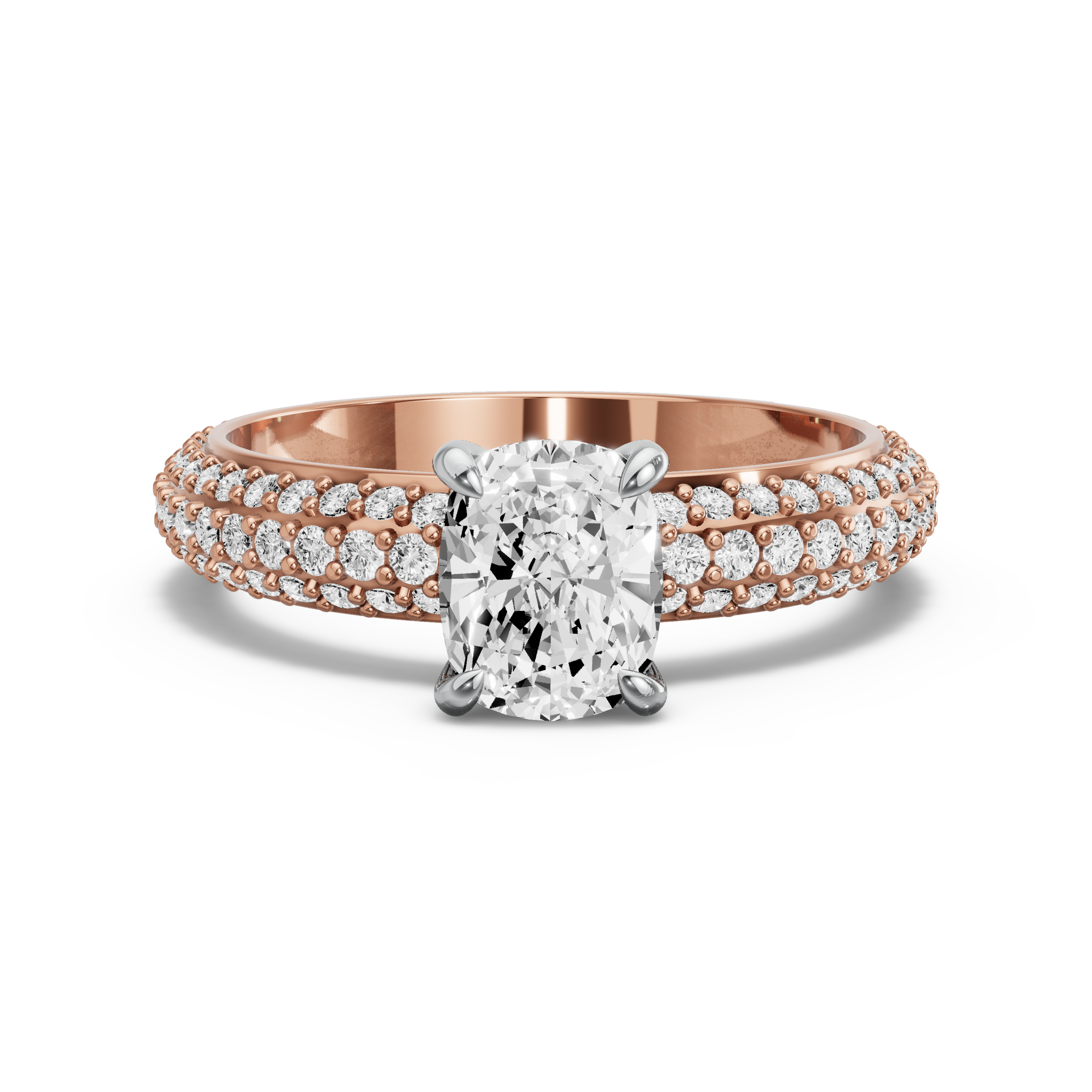 Image for Cushion Diamond Tulip Ring with Triple Row Pave band in 18K Two Tone Rose Gold
