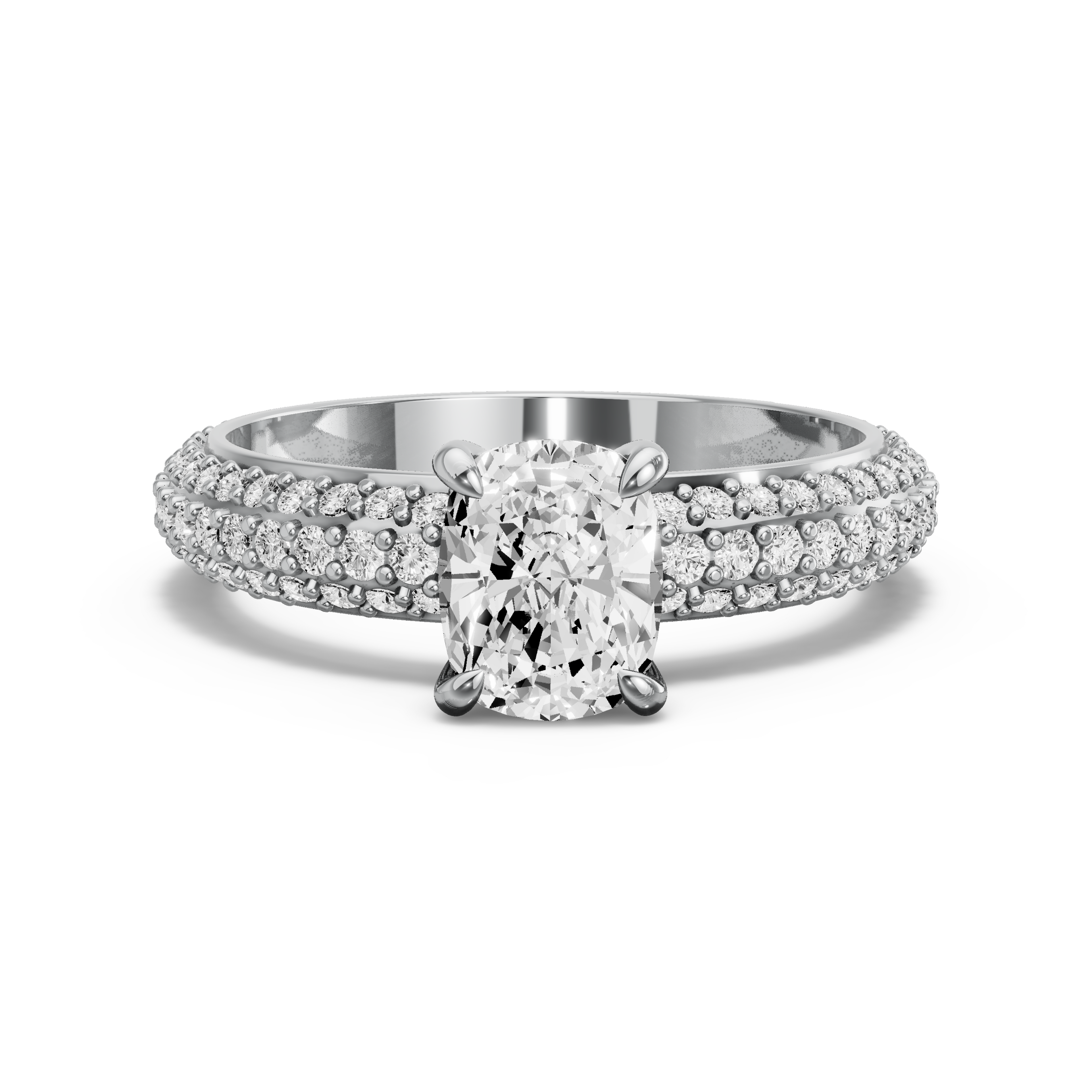 Image for Cushion Diamond Tulip Ring with Triple Row Pave band in 10K White Gold