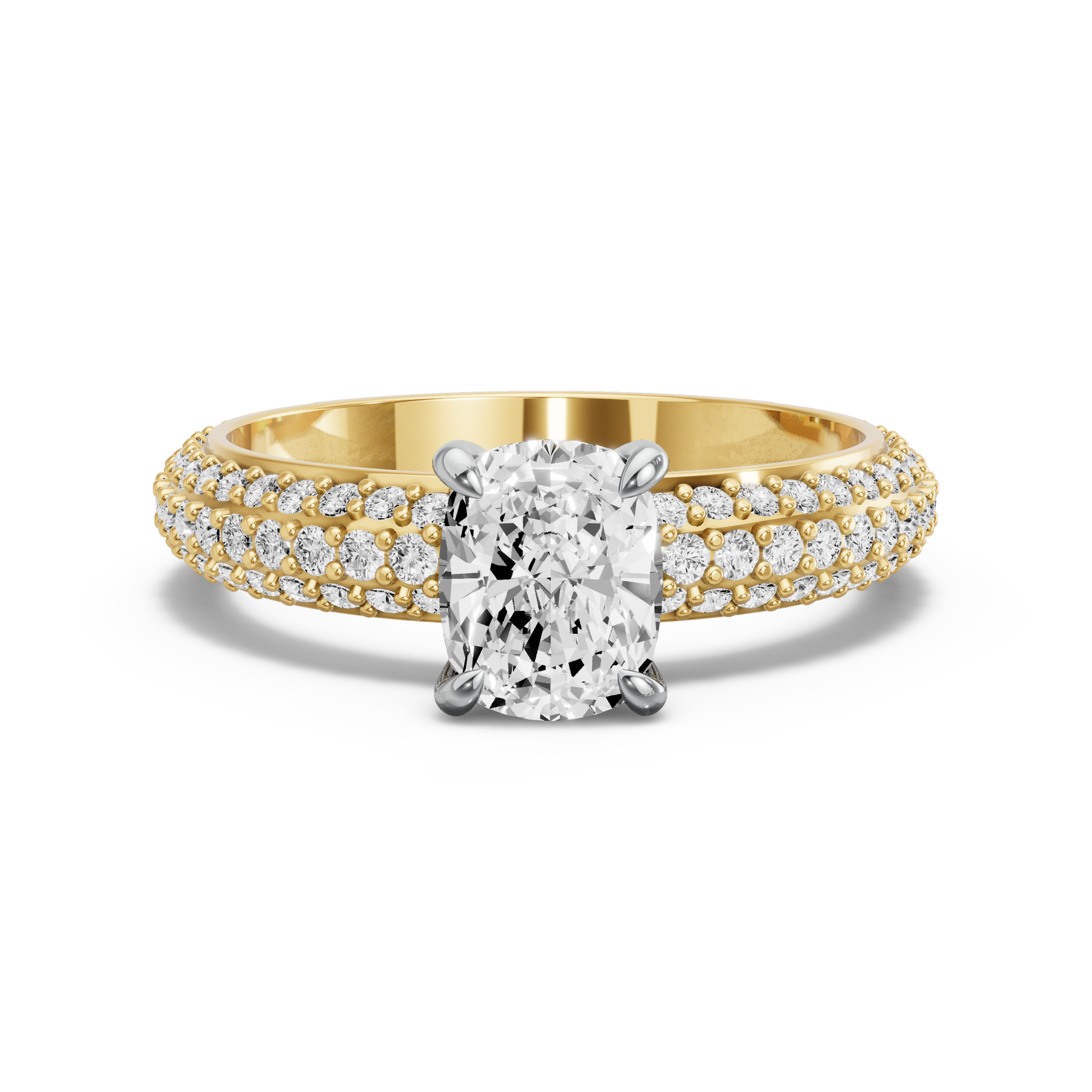 Image for Cushion Diamond Tulip Ring with Triple Row Pave band in 10K Two Tone Yellow Gold
